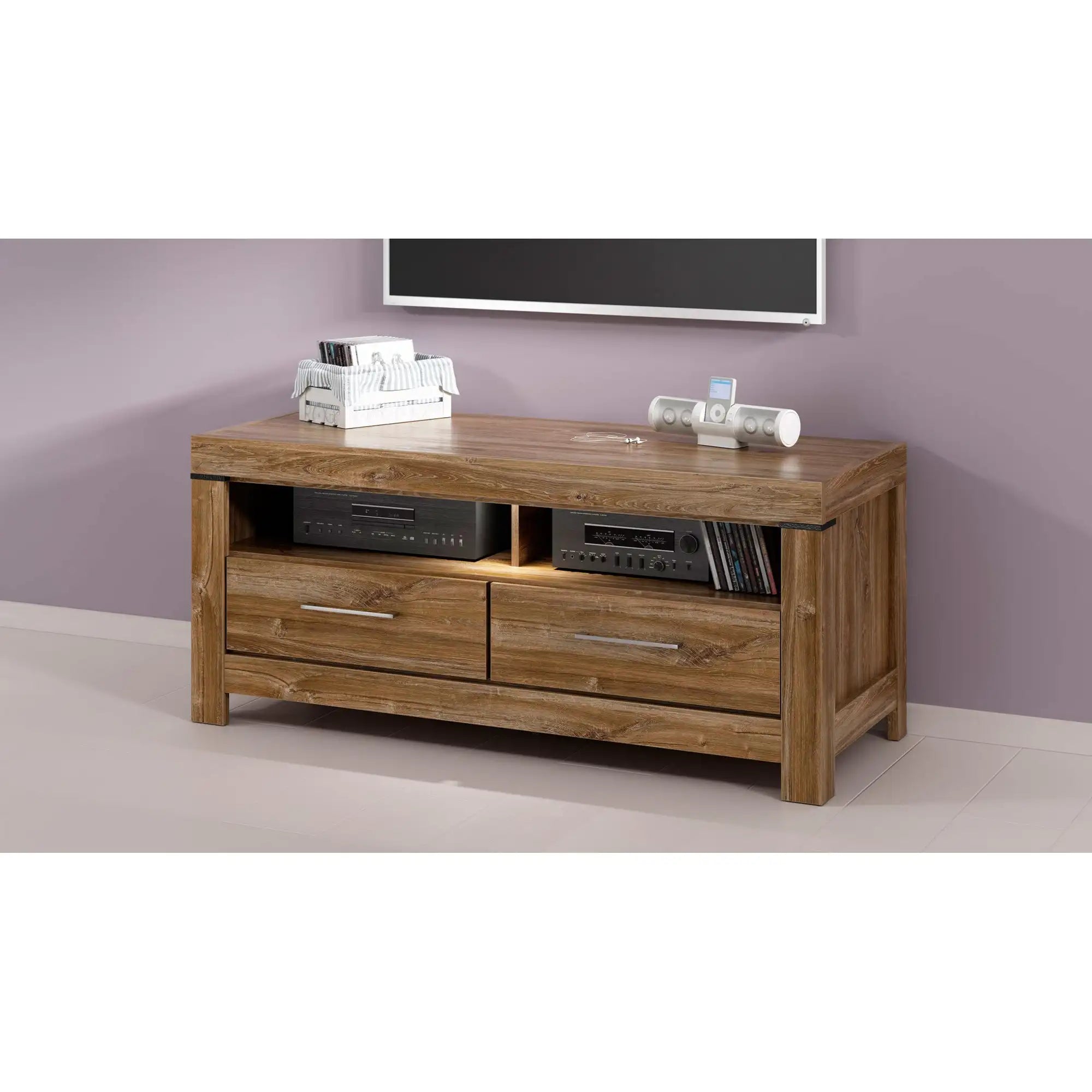 Comoda TV GENT, stejar, PAL, cu iluminare LED, 139x54x60 cm