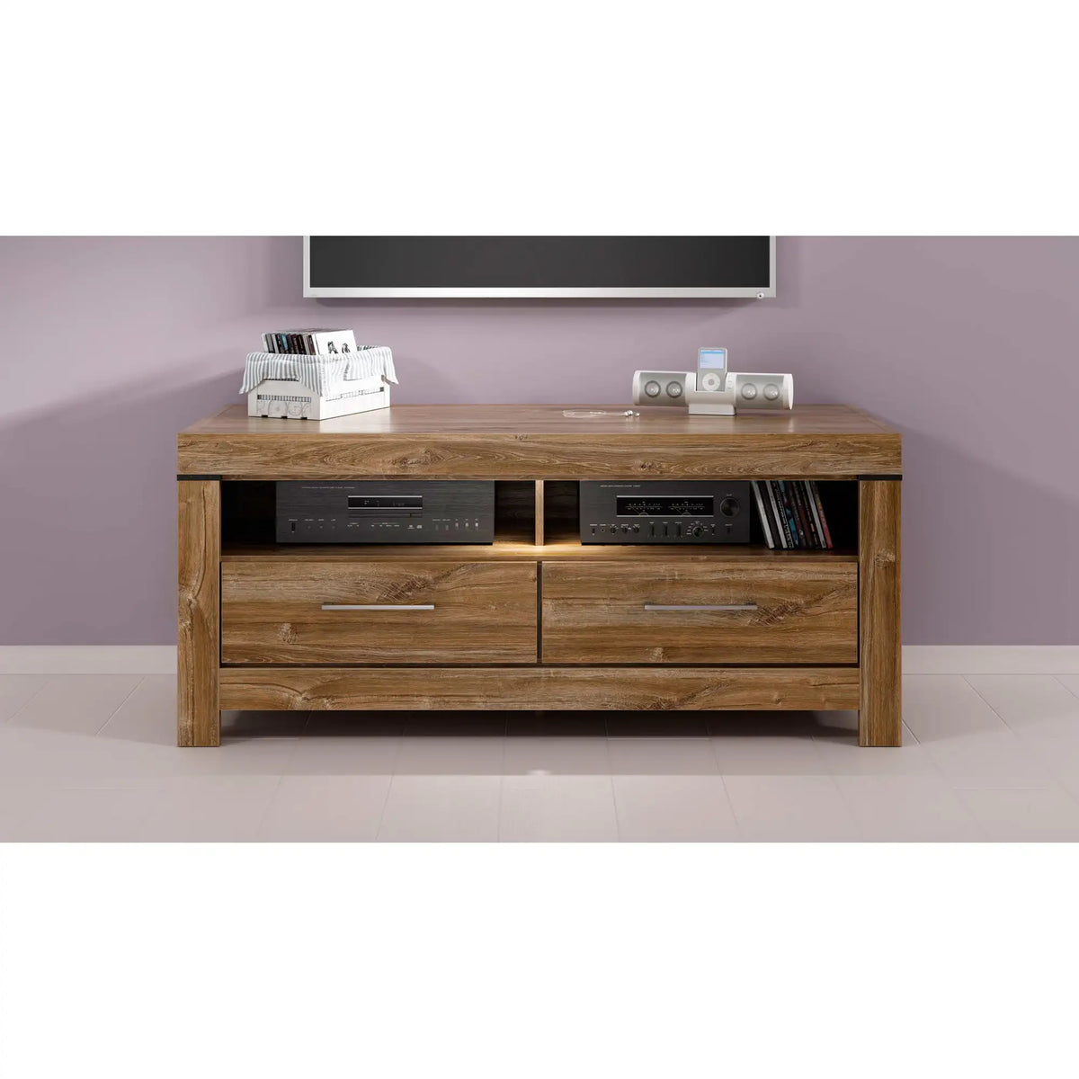 Comoda TV GENT, stejar, PAL, cu iluminare LED, 139x54x60 cm