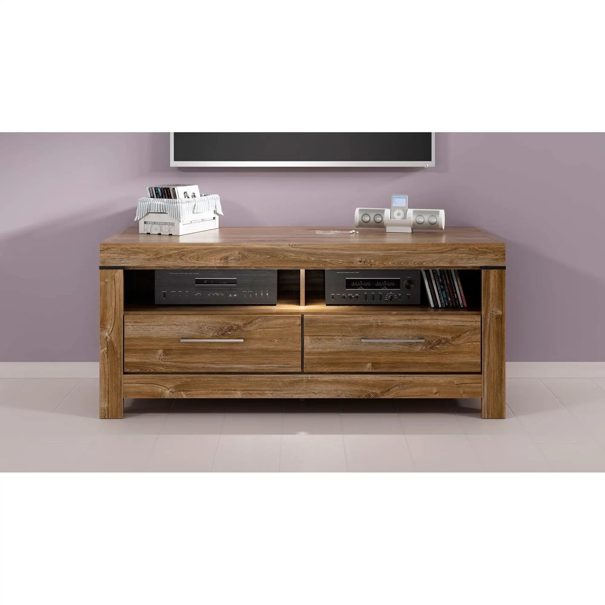 Comoda TV GENT, stejar, PAL, cu iluminare LED, 139x54x60 cm