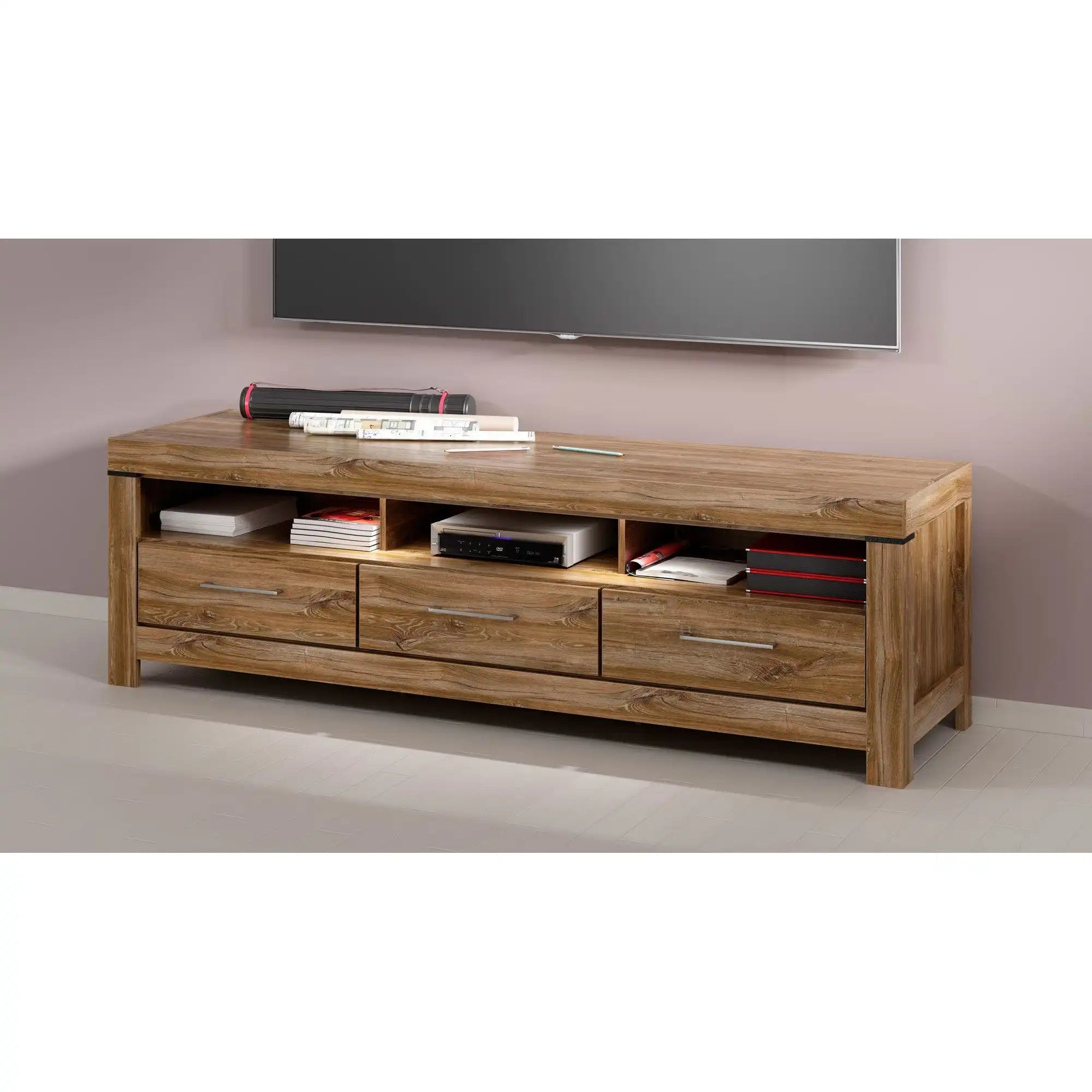 Comoda TV GENT, stejar, PAL, cu iluminare LED, 200x54x60 cm