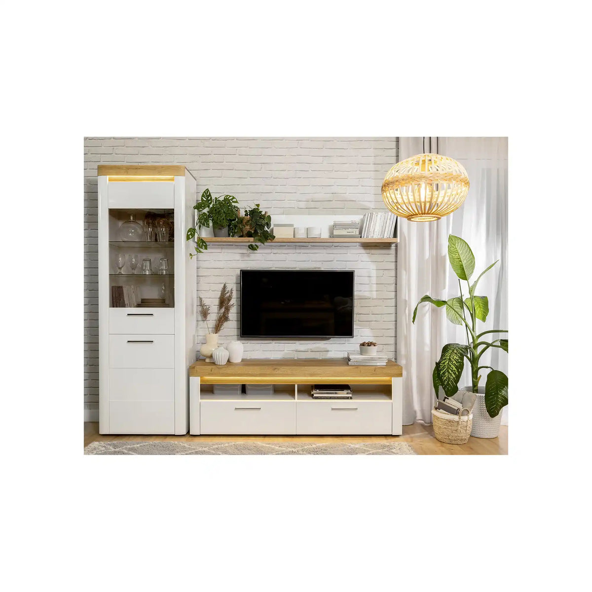 Comoda TV HORTON, alb/stejar grandson, PAL laminat, cu iluminare LED, 167x42x54 cm