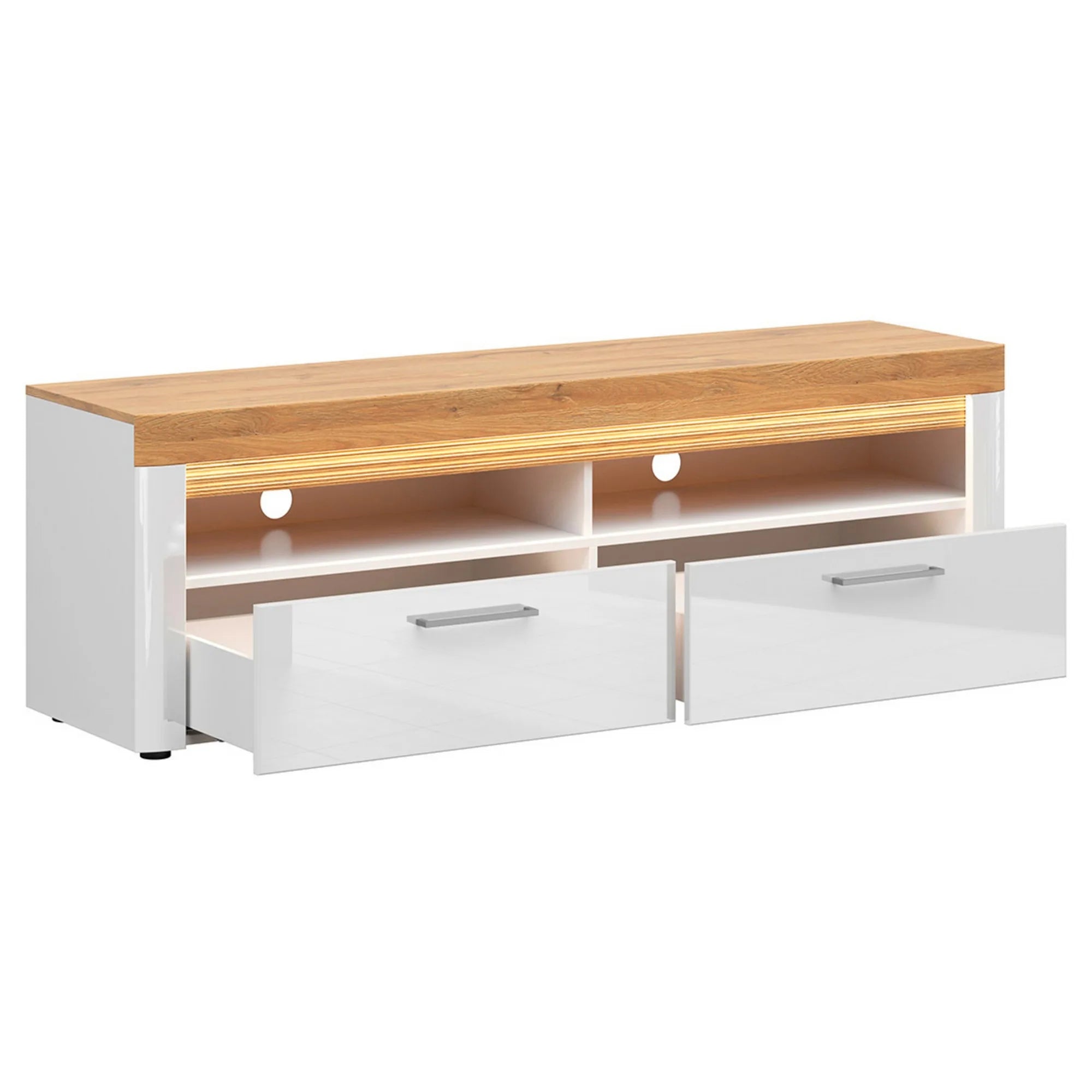 Comoda TV HORTON, alb/stejar grandson, PAL laminat, cu iluminare LED, 167x42x54 cm