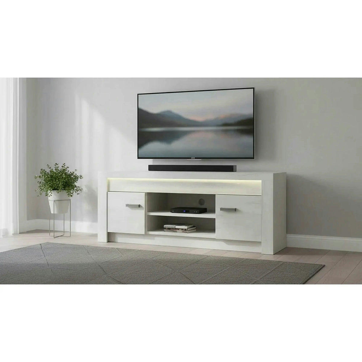 Comoda TV INFINITY I-09, frasin alb, PAL melaminat, cu iluminare LED, 137x42x53 cm