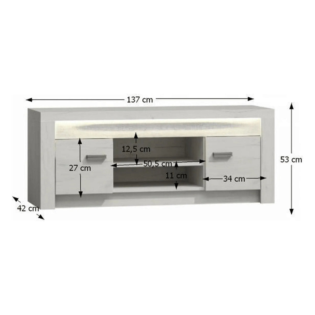 Comoda TV INFINITY I-09, frasin alb, PAL melaminat, cu iluminare LED, 137x42x53 cm