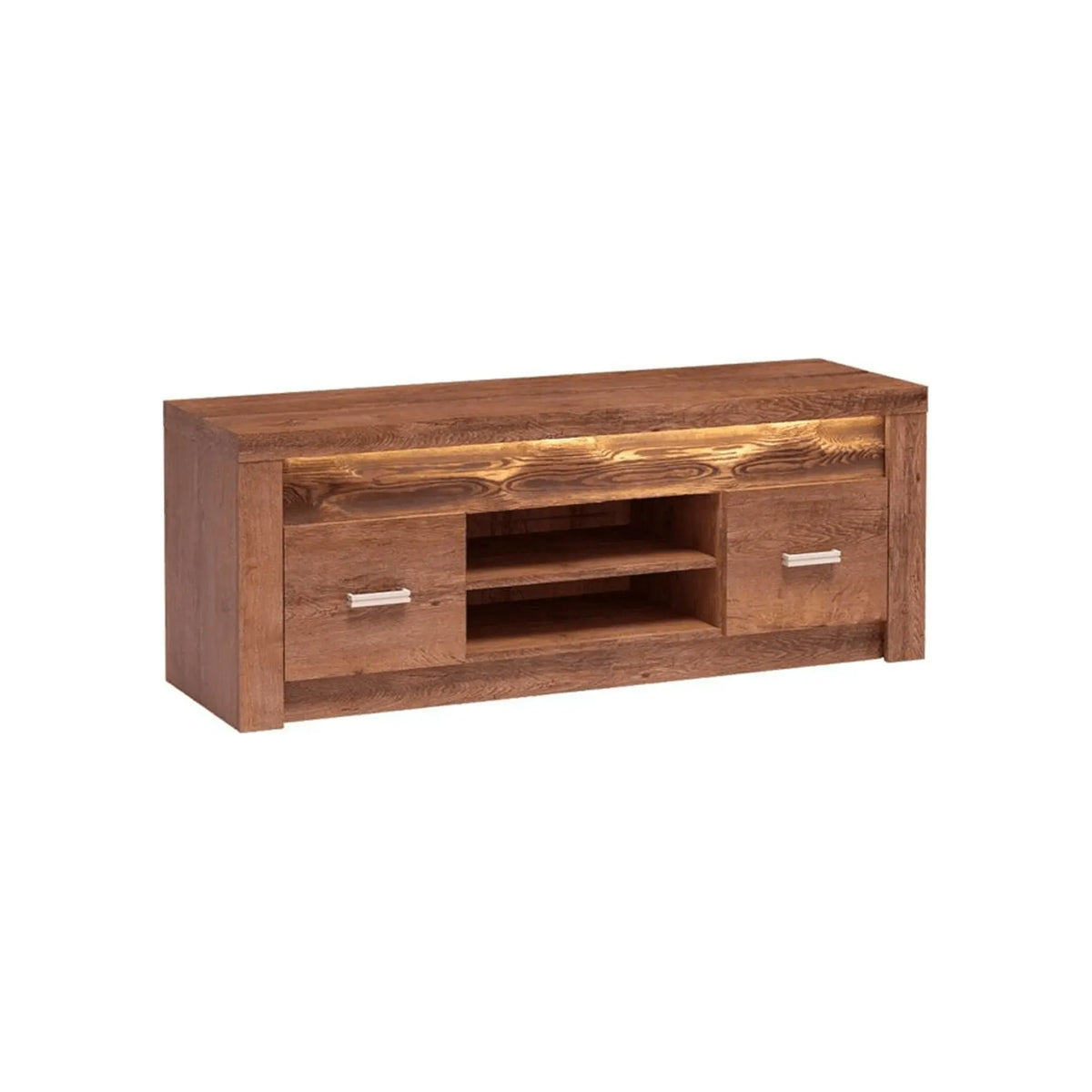 Comoda TV INFINITY I-09, frasin deschis, PAL melaminat/metal, cu iluminare LED, 137x42x53 cm