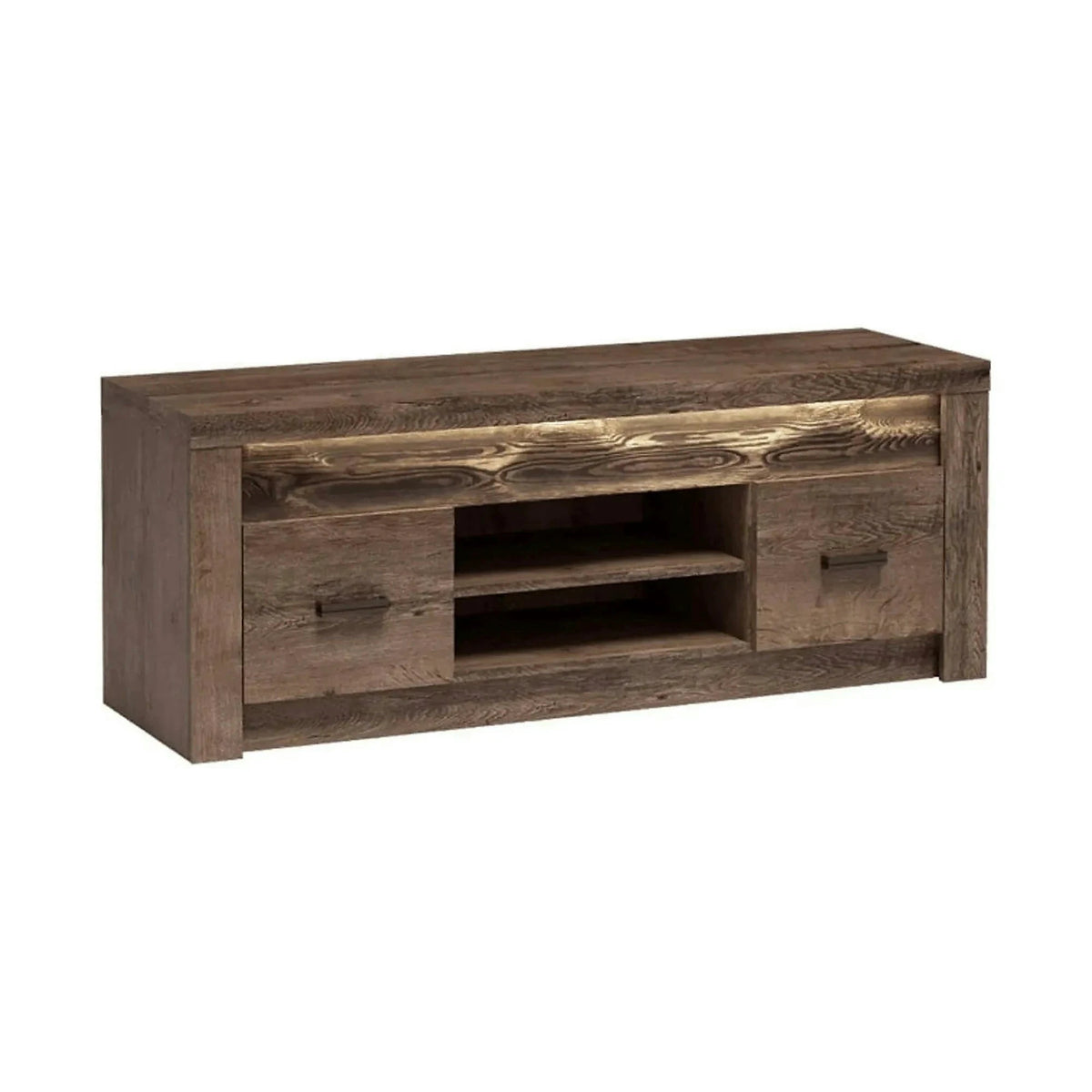 Comoda TV INFINITY I-09, frasin inchis, PAL melaminat/metal, cu iluminare LED, 137x42x53 cm