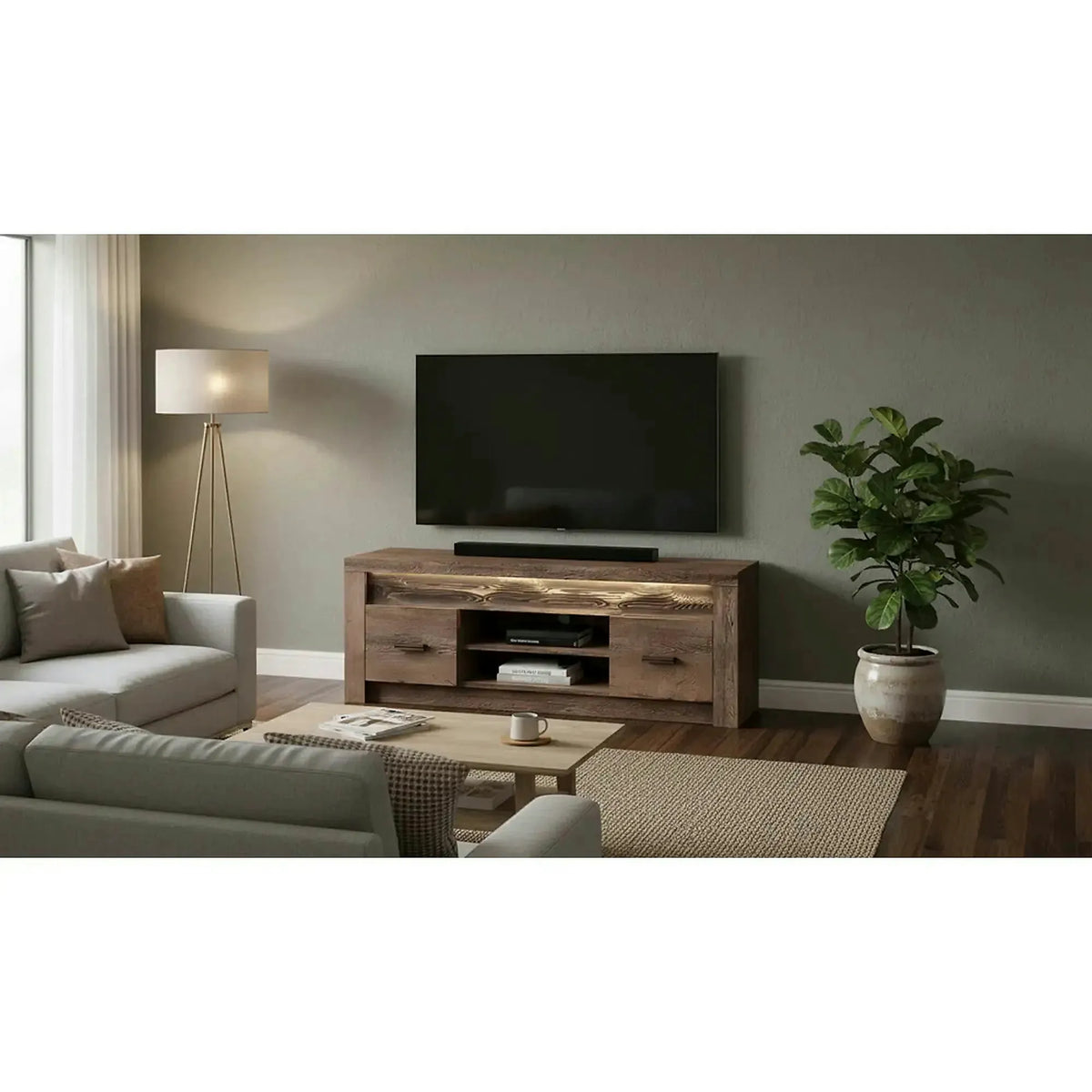 Comoda TV INFINITY I-09, frasin inchis, PAL melaminat/metal, cu iluminare LED, 137x42x53 cm
