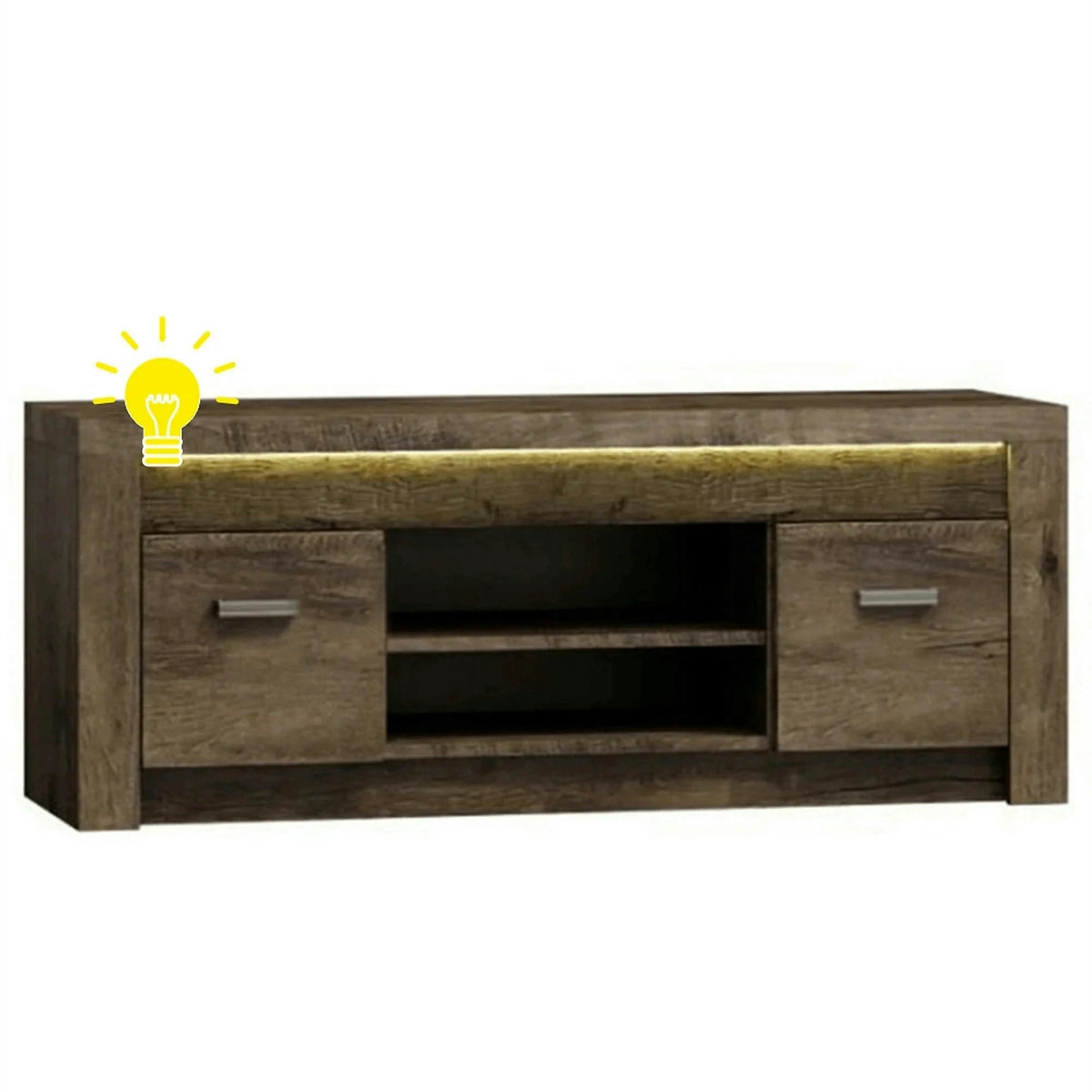 Comoda TV INFINITY I-09, frasin inchis, PAL melaminat/metal, cu iluminare LED, 137x42x53 cm
