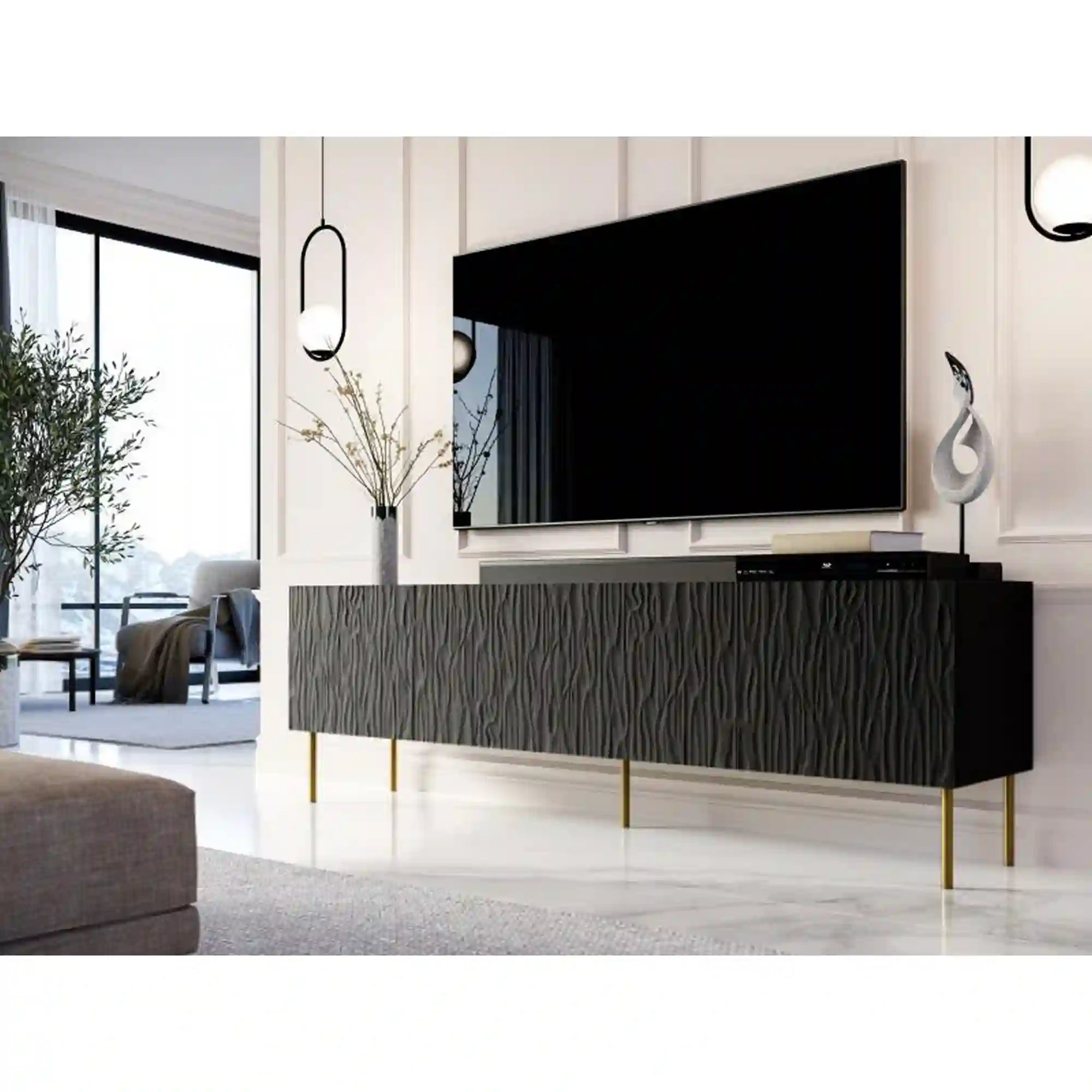 Comoda TV JUNGLE, negru/auriu, PAL laminat, 190x41x60 cm
