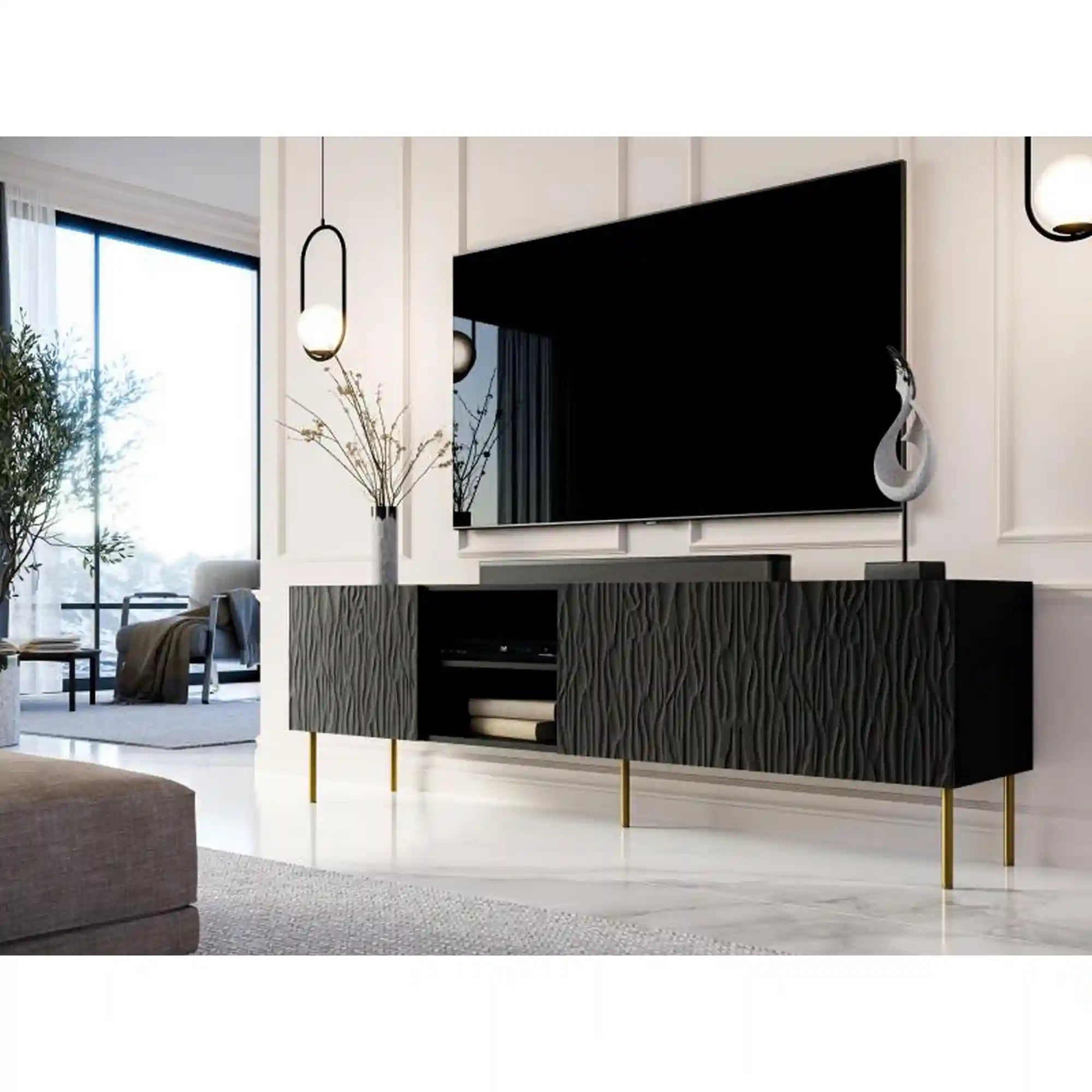 Comoda TV JUNGLE, negru/auriu, PAL laminat, 190x41x60 cm