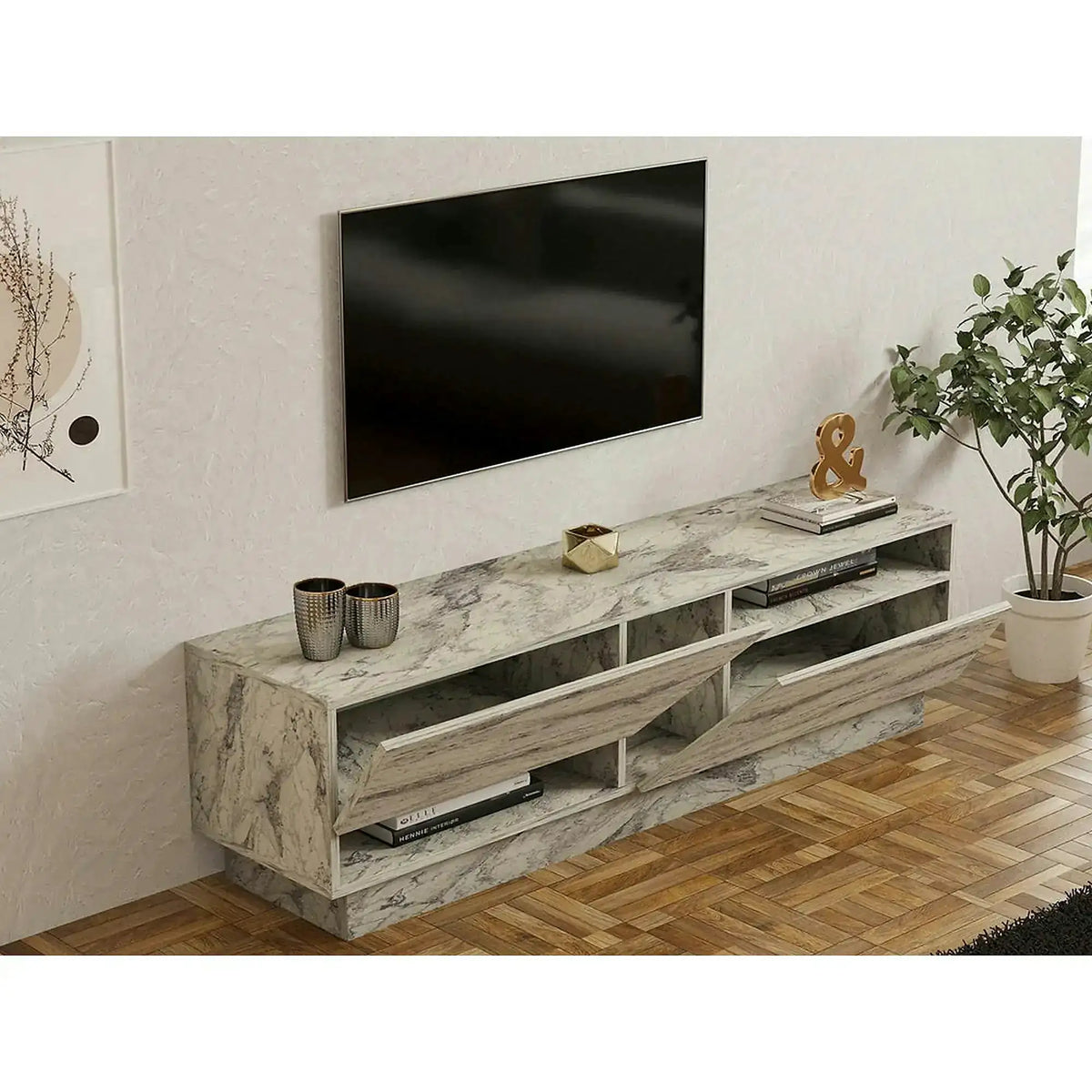 Comoda TV KOZA, bej cu efect de marmura, PAL melaminat, 160x40x45 cm