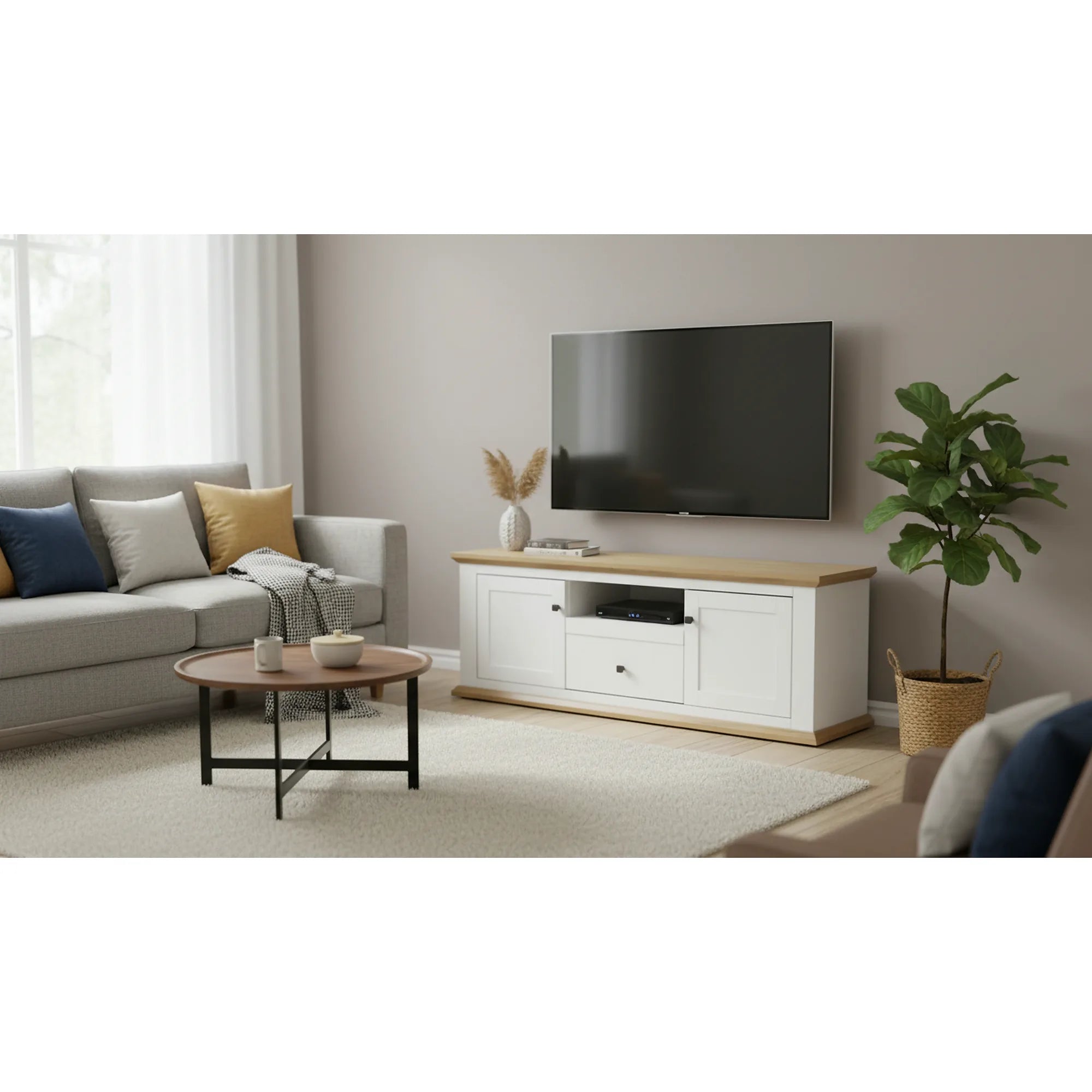 Comoda TV LEON MZ15, alb/stejar grand, DTD laminat, 150x45x55 cm