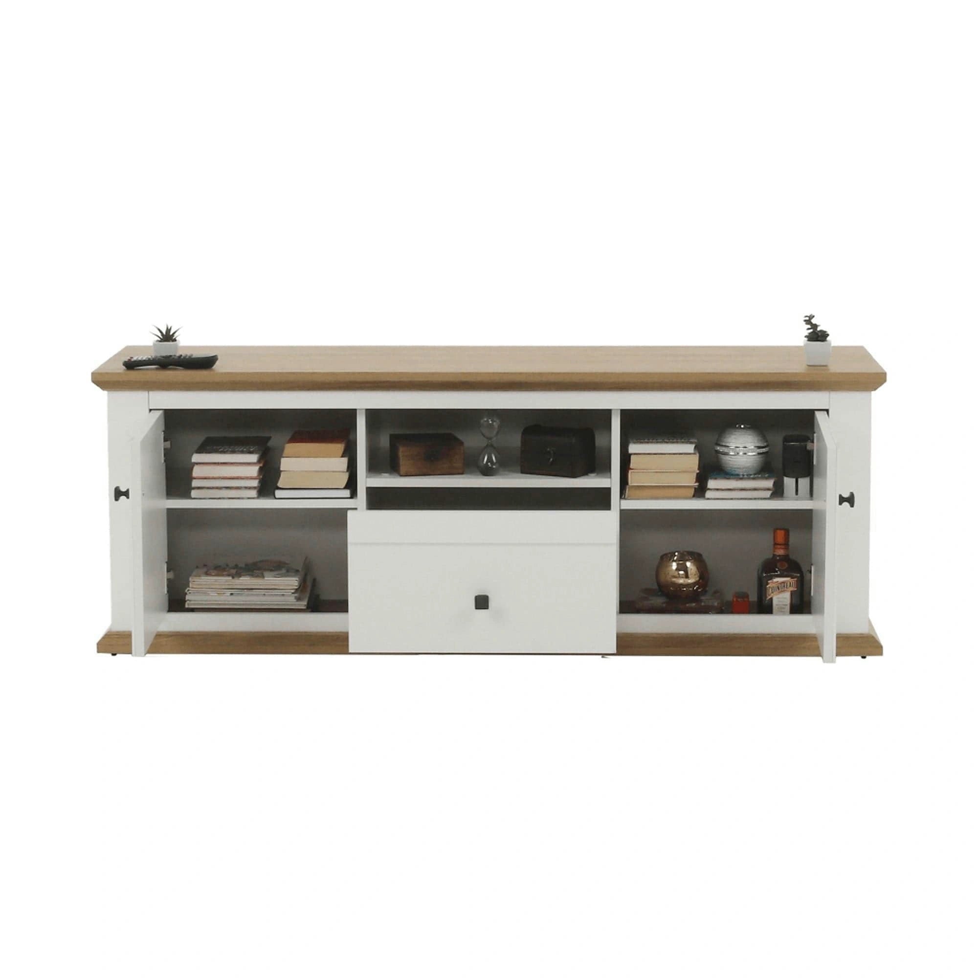 Comoda TV LEON MZ15, alb/stejar grand, DTD laminat, 150x45x55 cm
