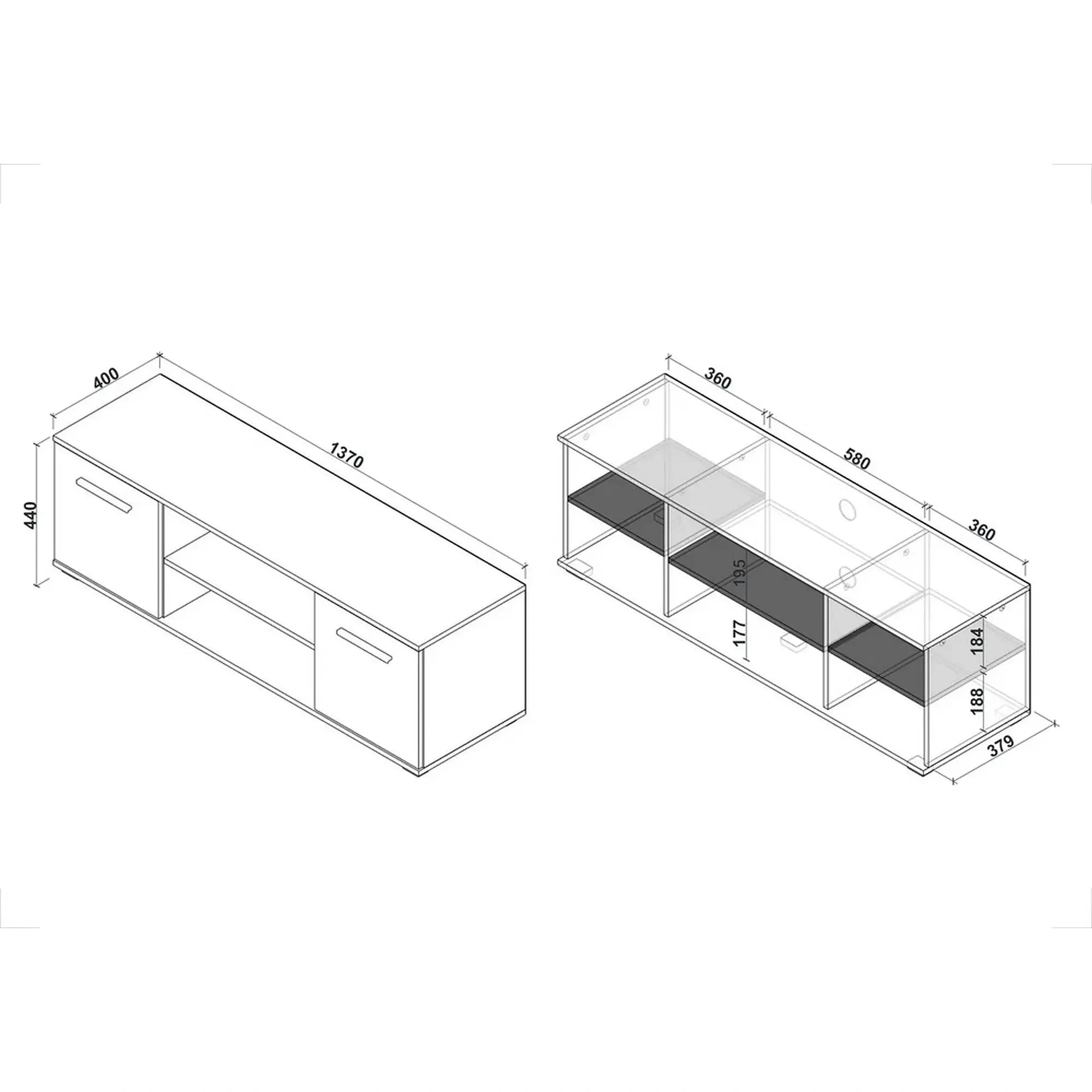 Comoda TV LIMA, alb/stejar sonoma, PAL laminat, 137x40x44 cm