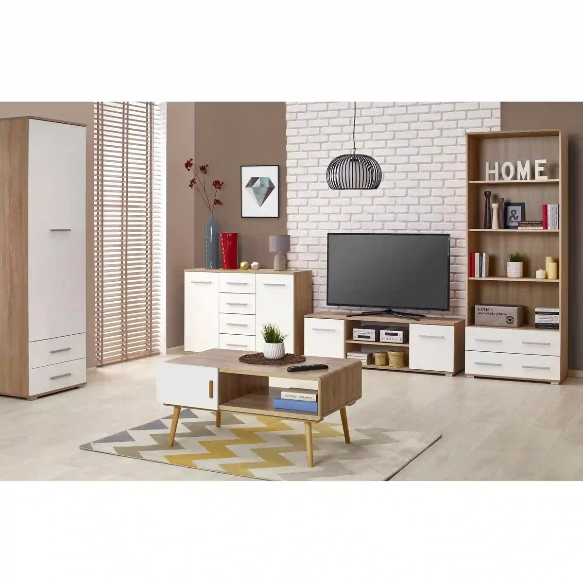 Comoda TV LIMA, alb/stejar sonoma, PAL laminat, 137x40x44 cm