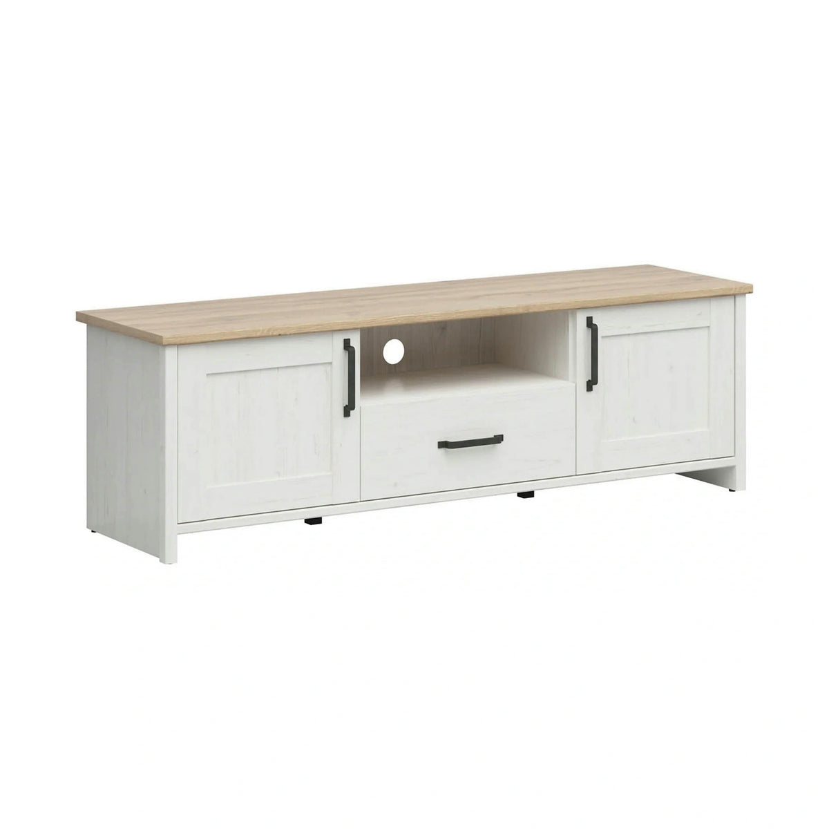 Comoda TV LOKSA, alb/stejar, PAL laminat, 160x44x51 cm