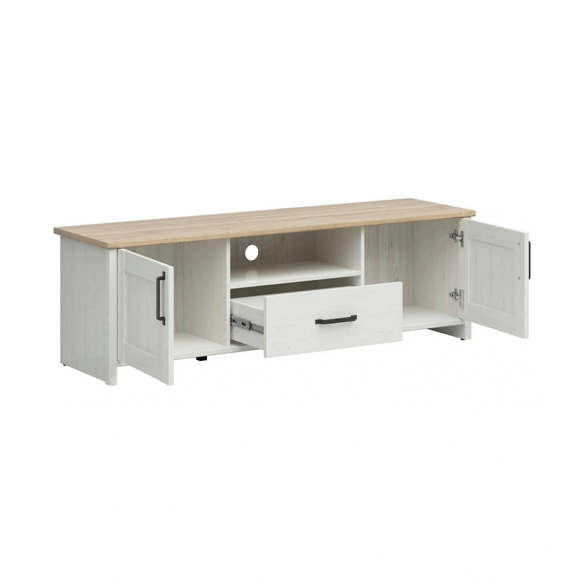 Comoda TV LOKSA, alb/stejar, PAL laminat, 160x44x51 cm