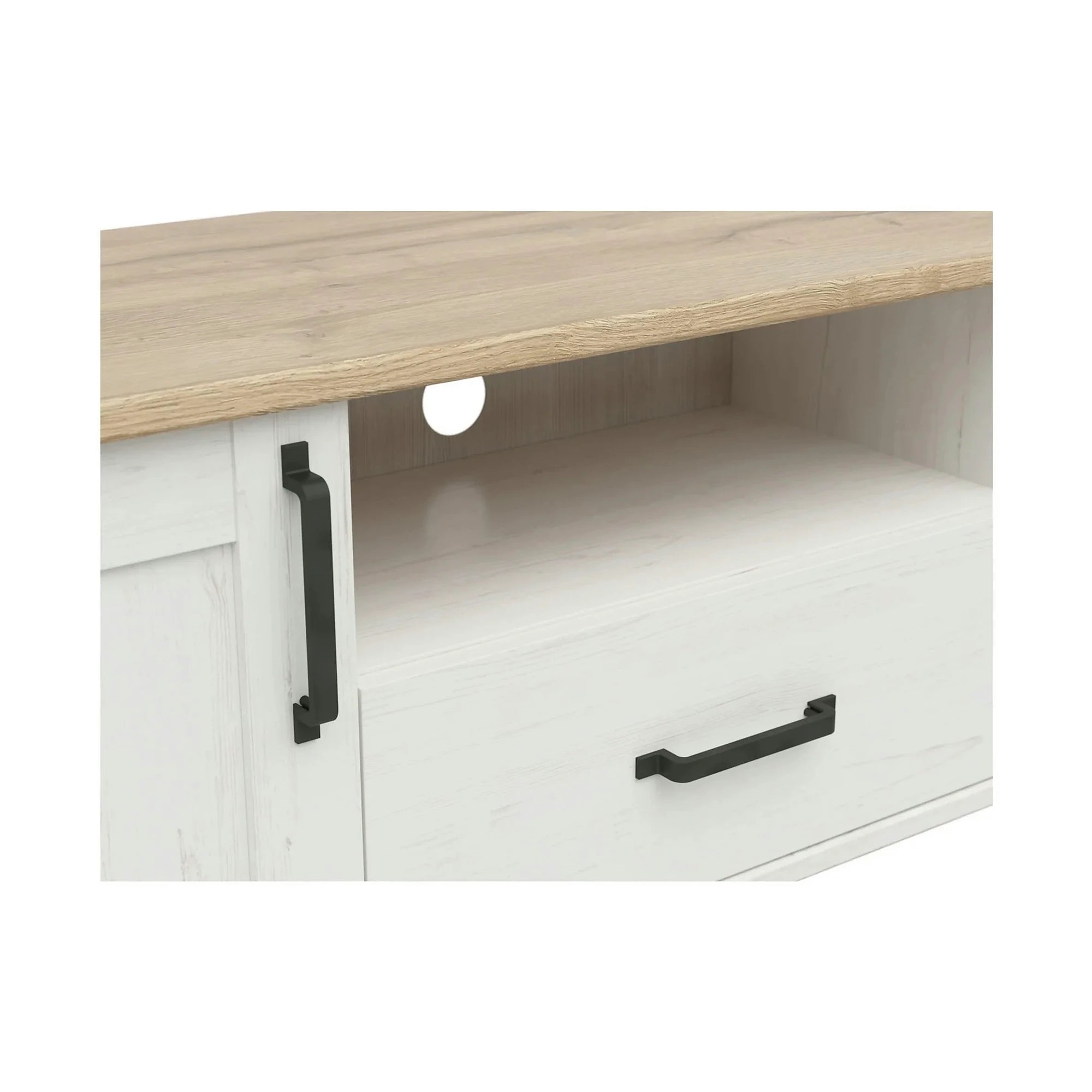 Comoda TV LOKSA, alb/stejar, PAL laminat, 160x44x51 cm
