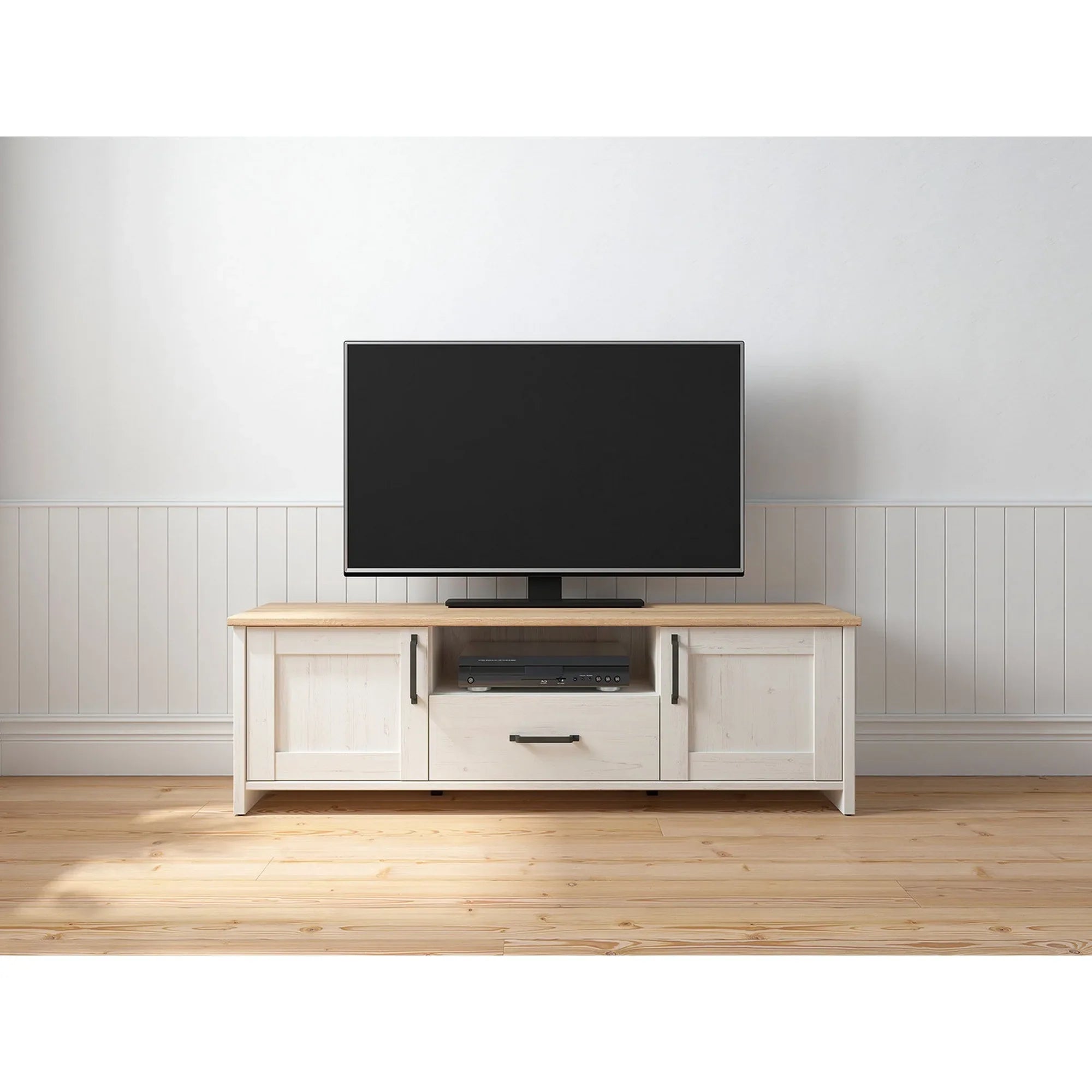 Comoda TV LOKSA, alb/stejar, PAL laminat, 160x44x51 cm