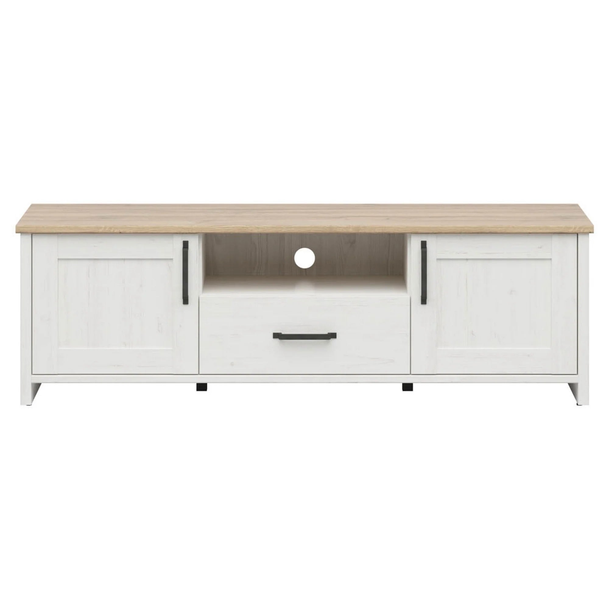 Comoda TV LOKSA, alb/stejar, PAL laminat, 160x44x51 cm