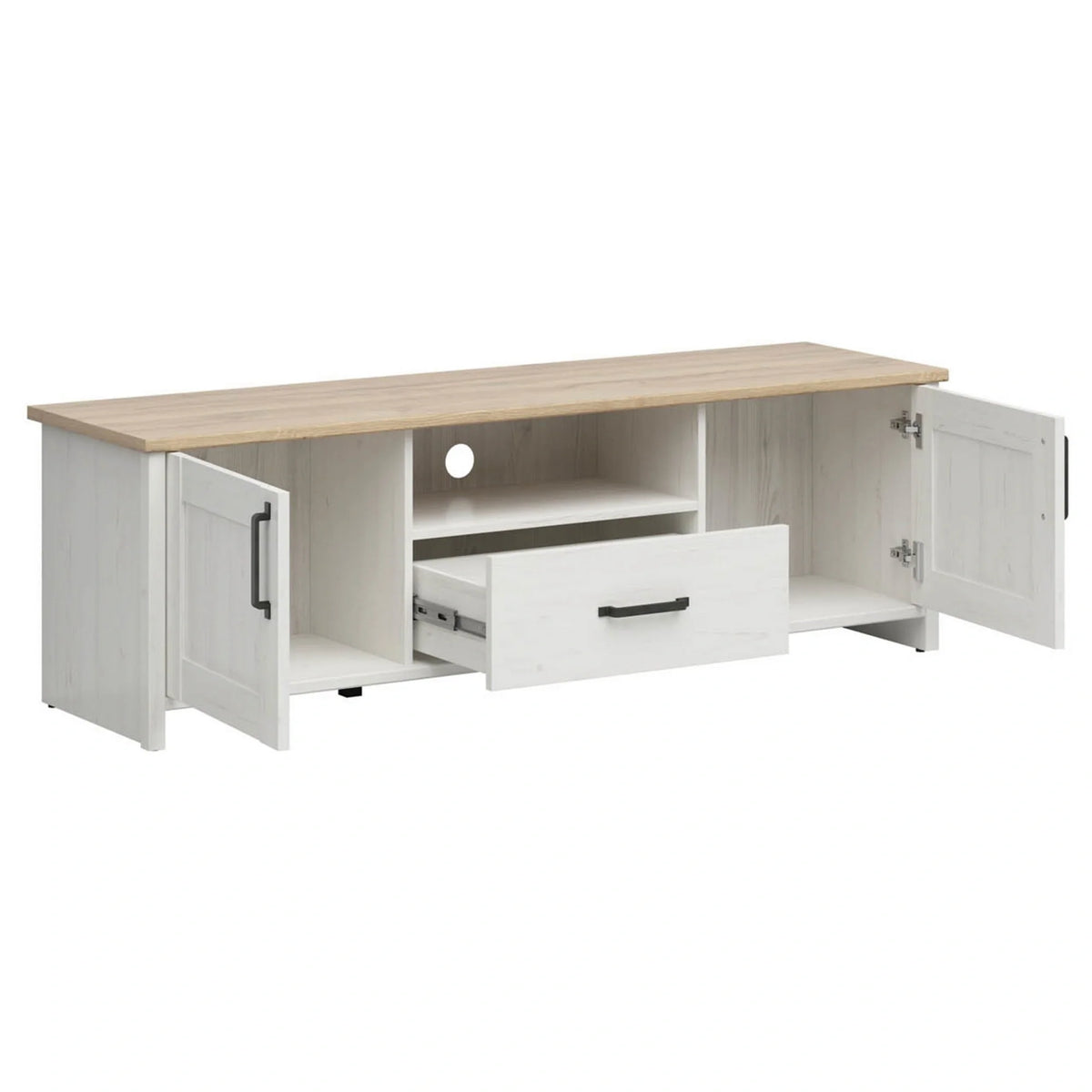 Comoda TV LOKSA, alb/stejar, PAL laminat, 160x44x51 cm