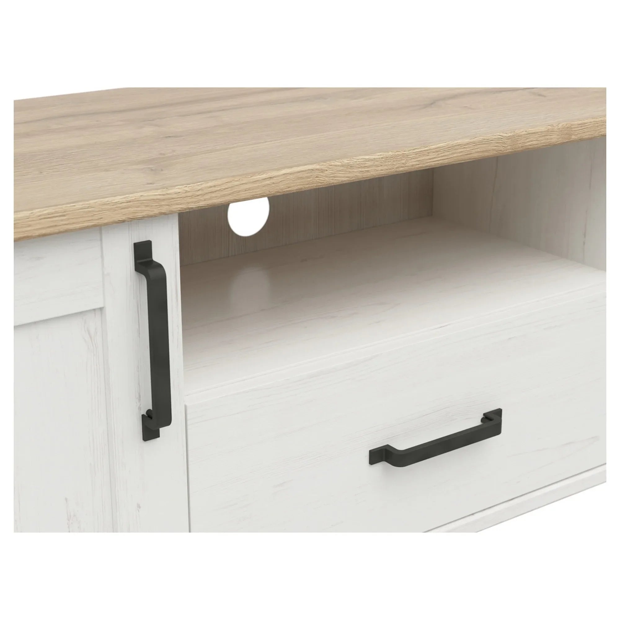 Comoda TV LOKSA, alb/stejar, PAL laminat, 160x44x51 cm