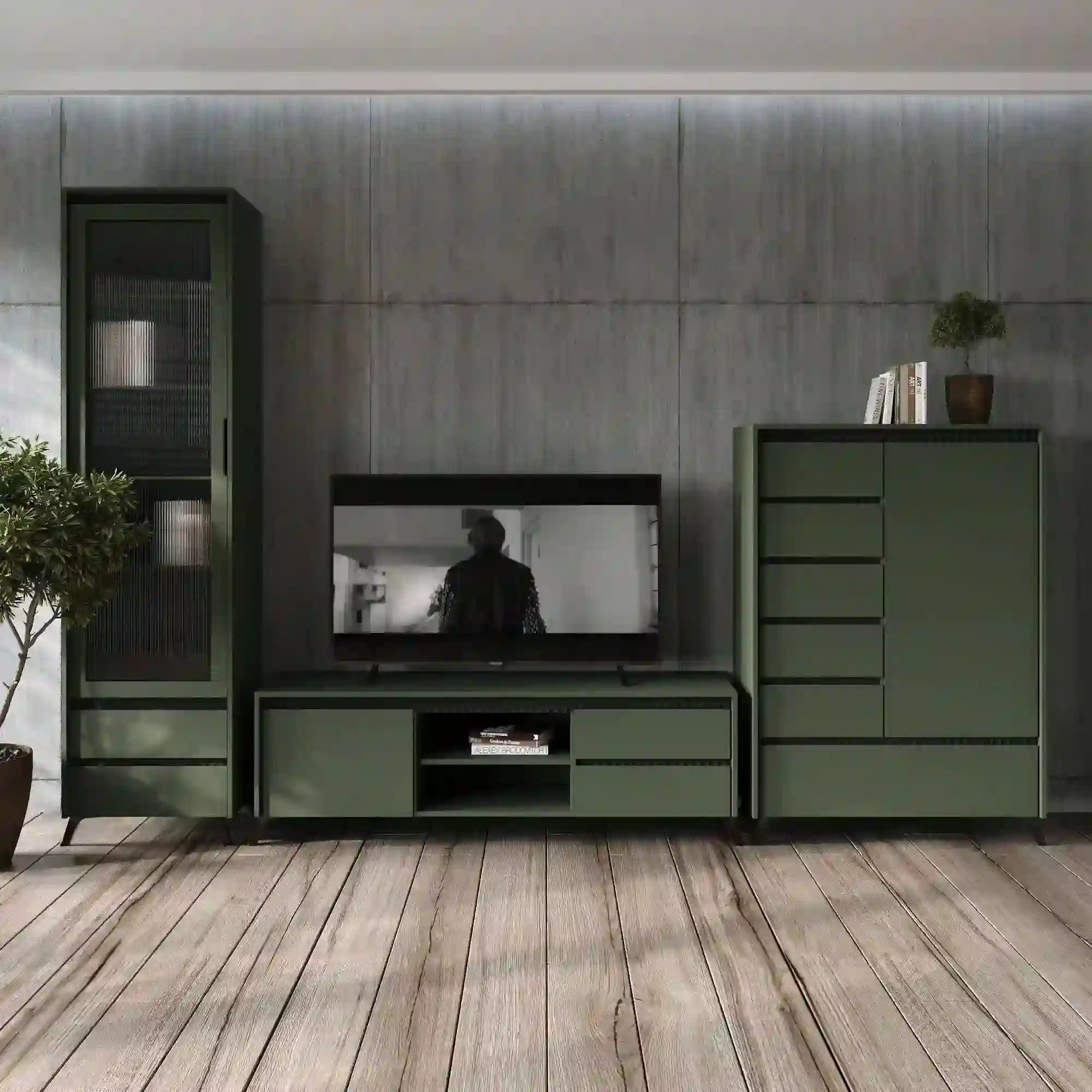 Comoda TV LOUNGE 1, verde/negru, PAL, 155x45x54 cm