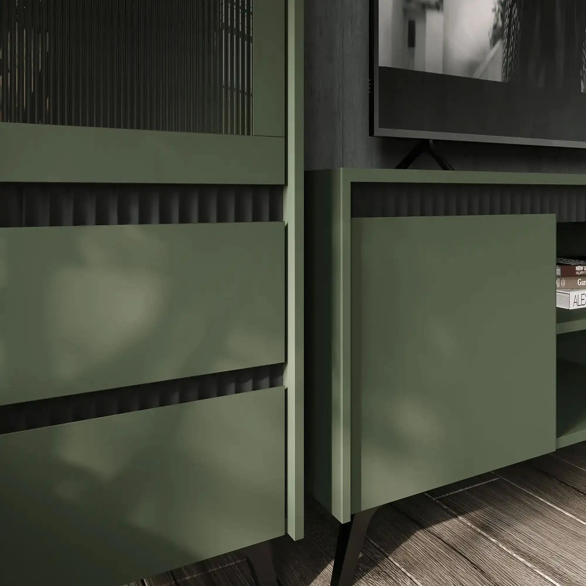 Comoda TV LOUNGE 1, verde/negru, PAL, 155x45x54 cm