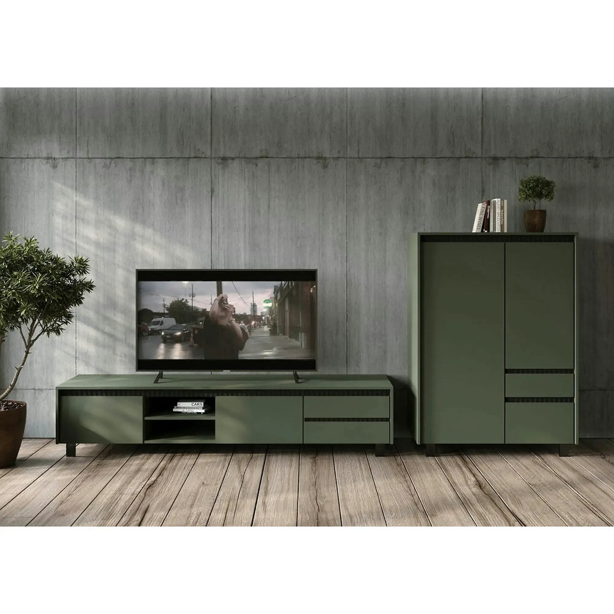 Comoda TV LOUNGE 2, verde/negru, PAL, 206x45x54 cm