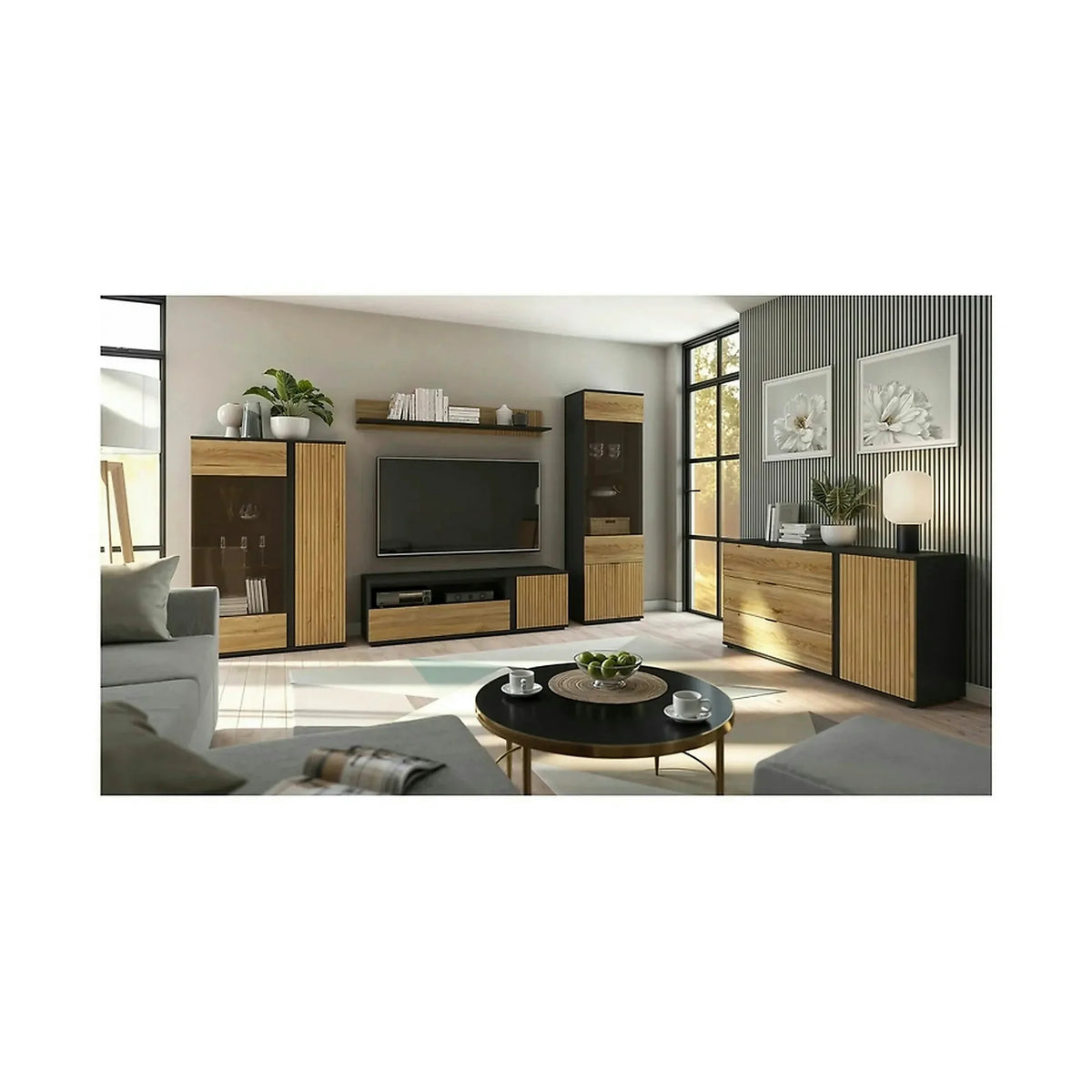 Comoda TV LUEN, stejar/negru, PAL laminat, 155x46x47 cm