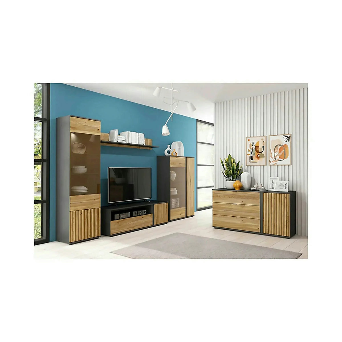 Comoda TV LUEN, stejar/negru, PAL laminat, 155x46x47 cm