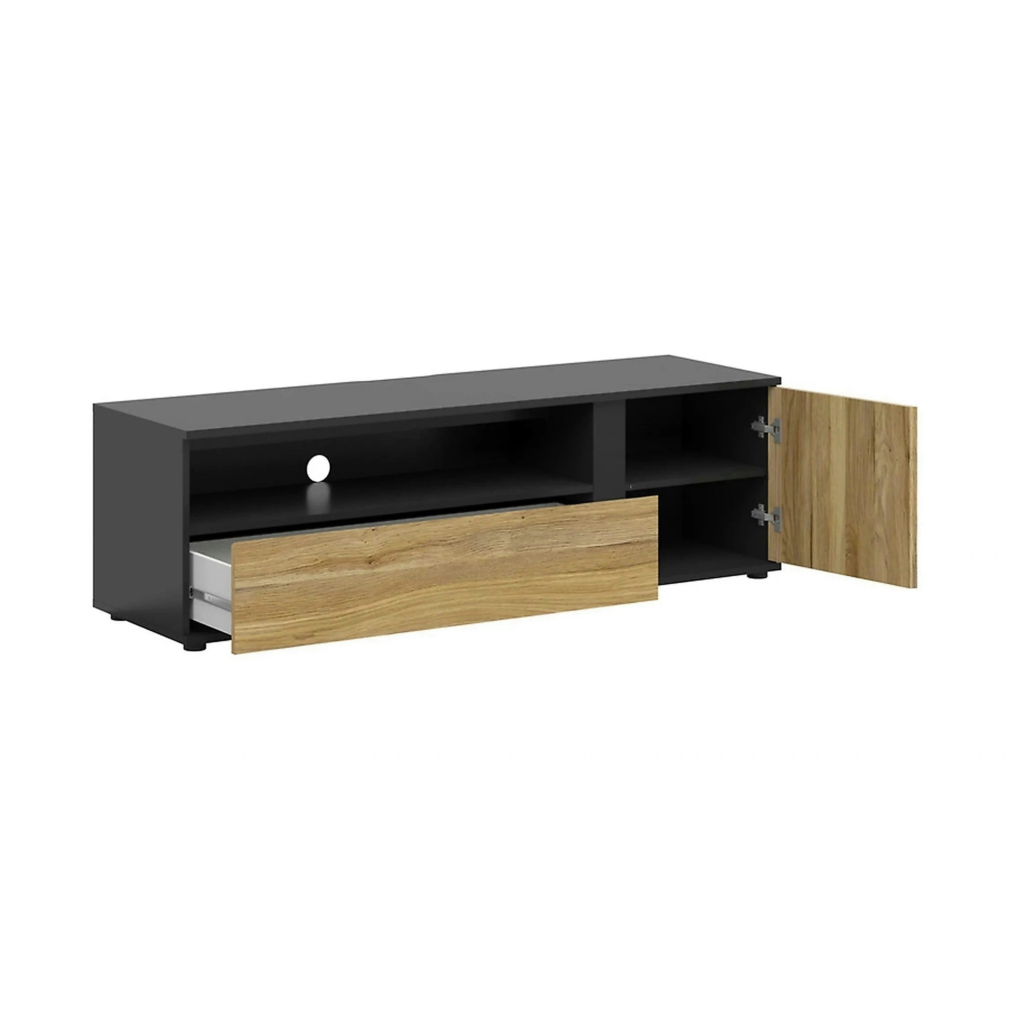 Comoda TV LUEN, stejar/negru, PAL laminat, 155x46x47 cm
