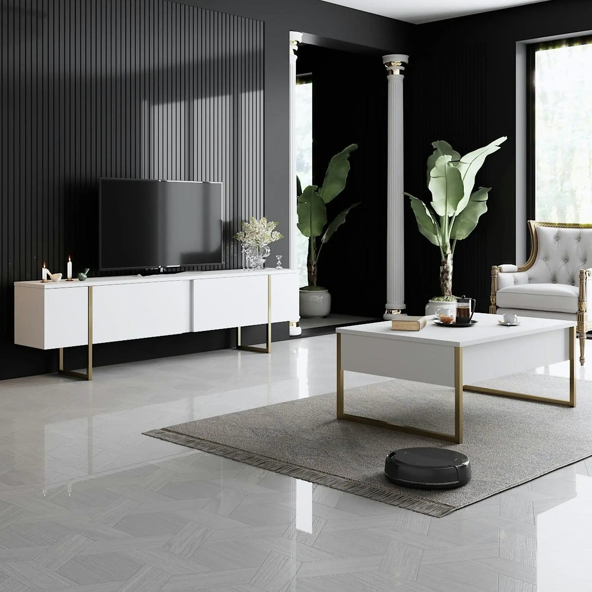Comoda TV Luxe, alb/auriu, PAL/metal, 180x30x50 cm