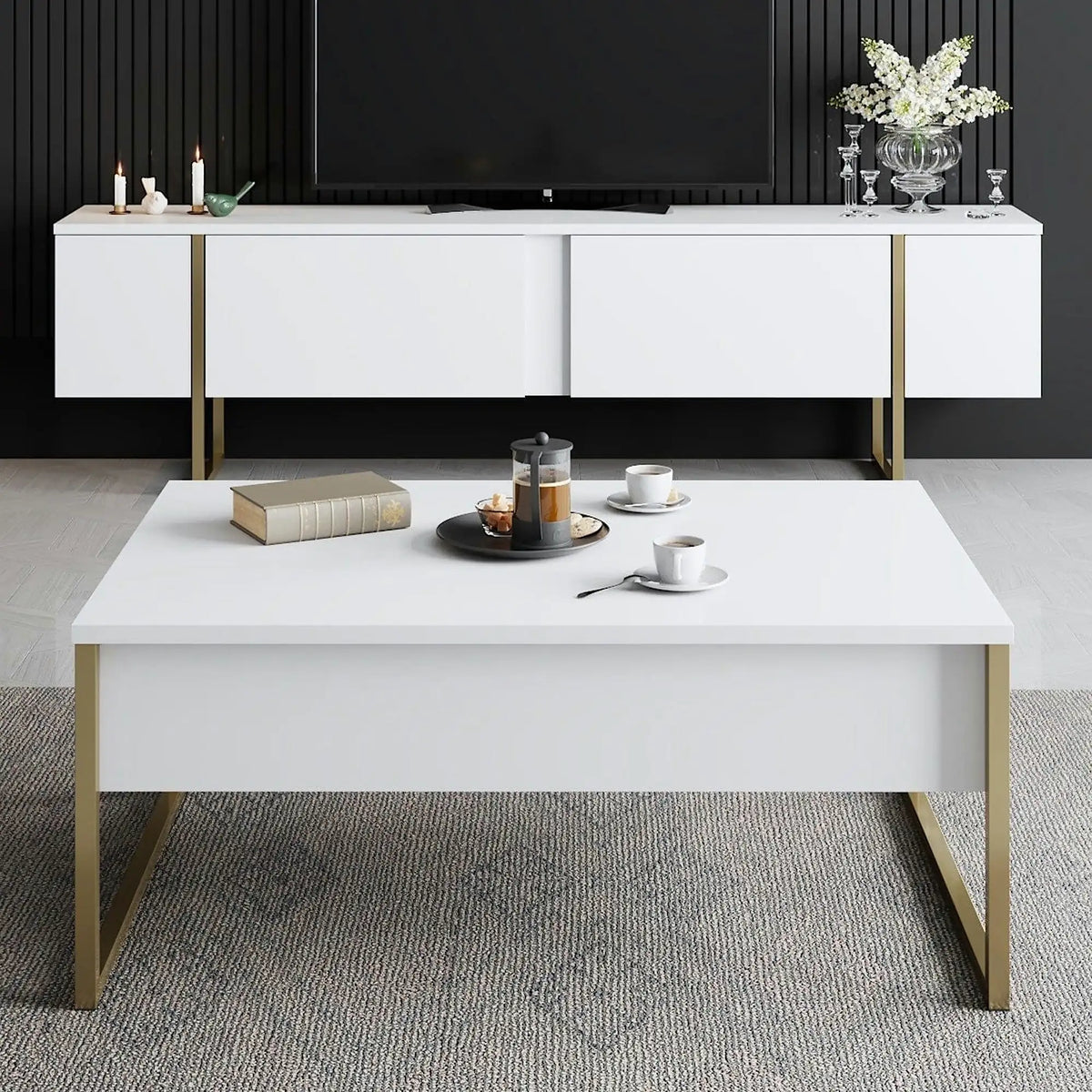 Comoda TV Luxe, alb/auriu, PAL/metal, 180x30x50 cm