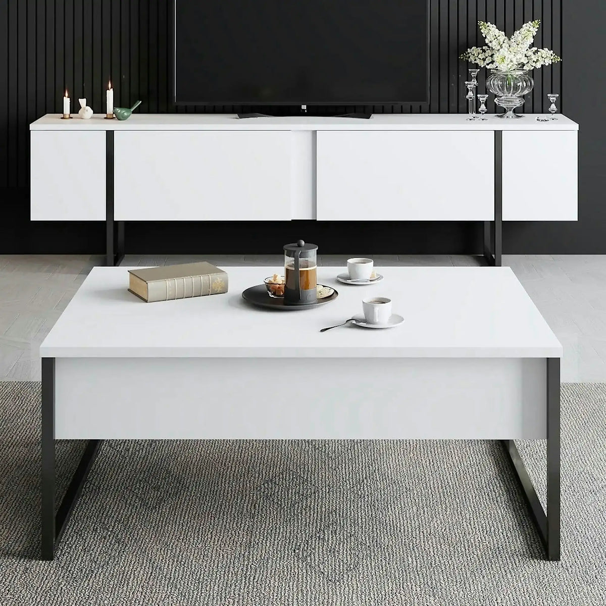 Comoda TV Luxe, alb/negru, PAL/metal, 180x30x50 cm