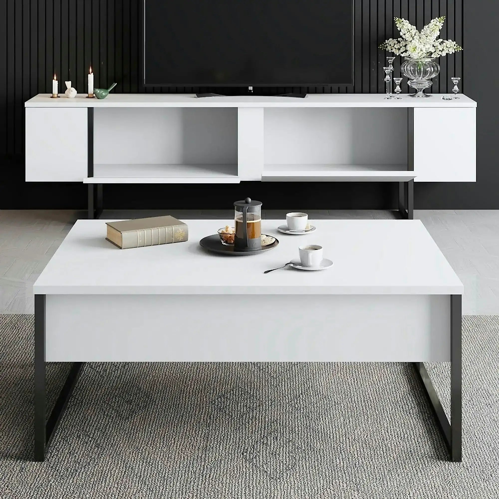 Comoda TV Luxe, alb/negru, PAL/metal, 180x30x50 cm