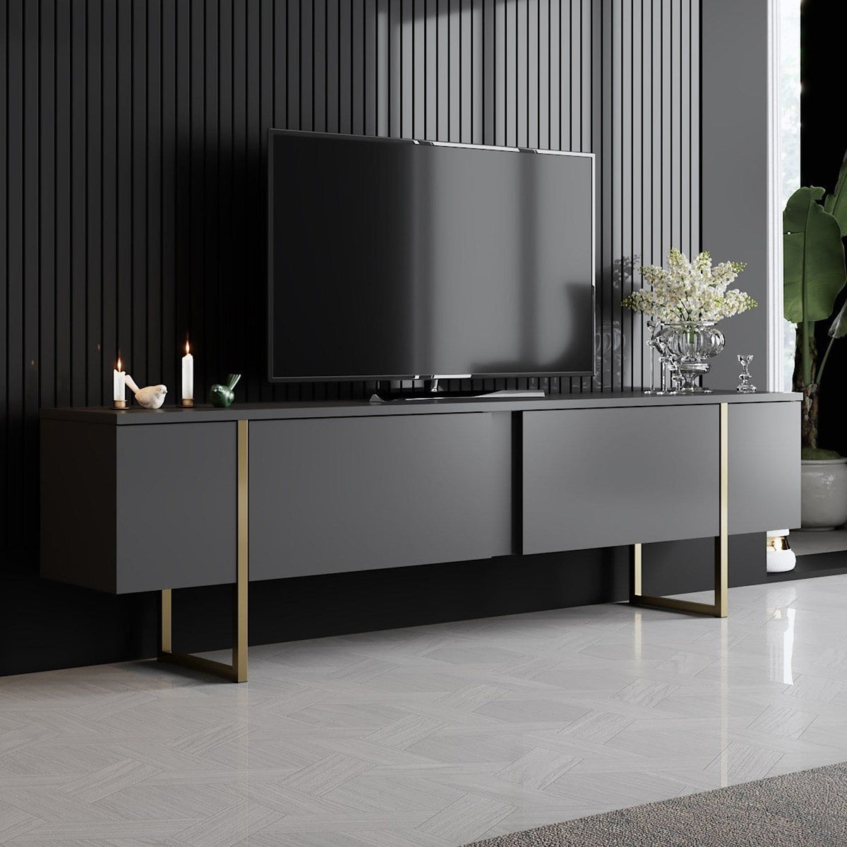 Comoda TV LUXE, gri antracit/auriu, PAL/metal, 180x50x30 cm