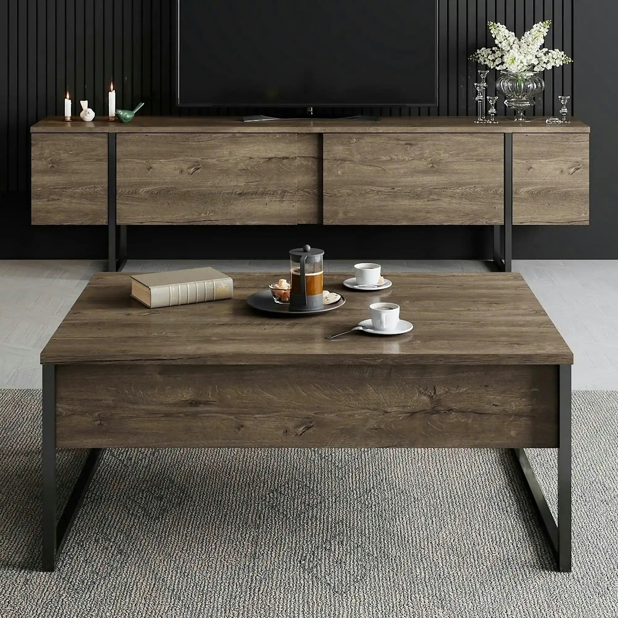 Comoda TV Luxe, nuc/negru, PAL/metal, 180x30x50 cm