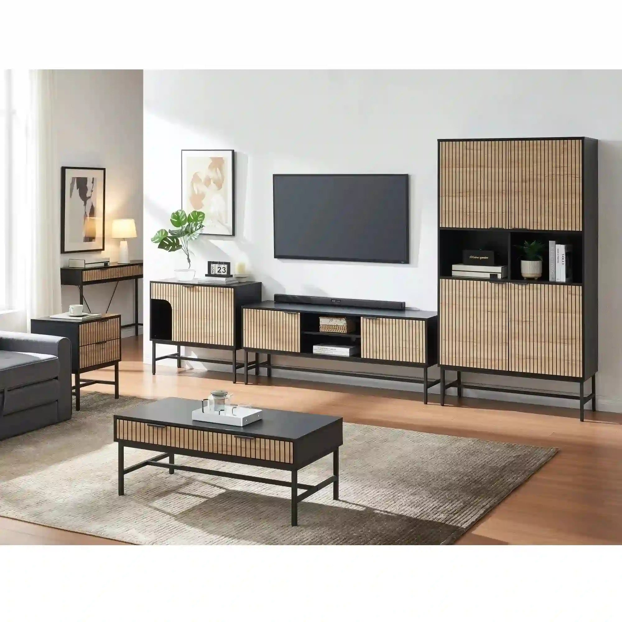 Comoda TV MAGO, negru/stejar, PAL/metal, 150x40x60 cm