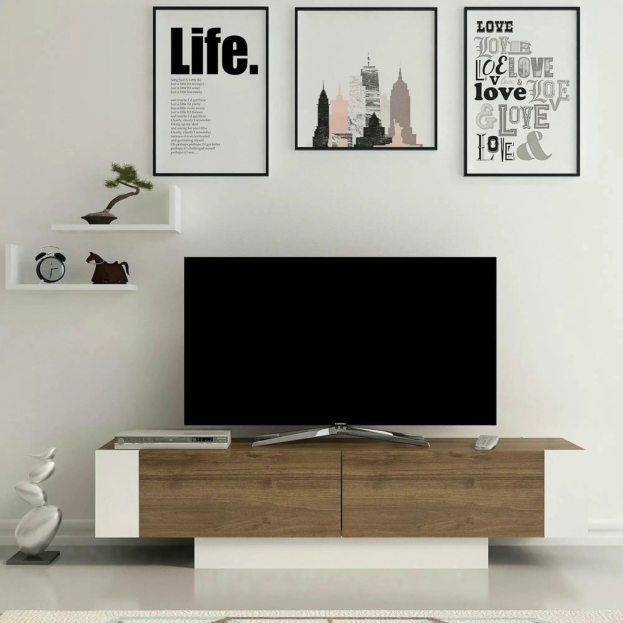 Comoda TV Matera, stejar inchis/alb, PAL melaminat, 150x32x42 cm