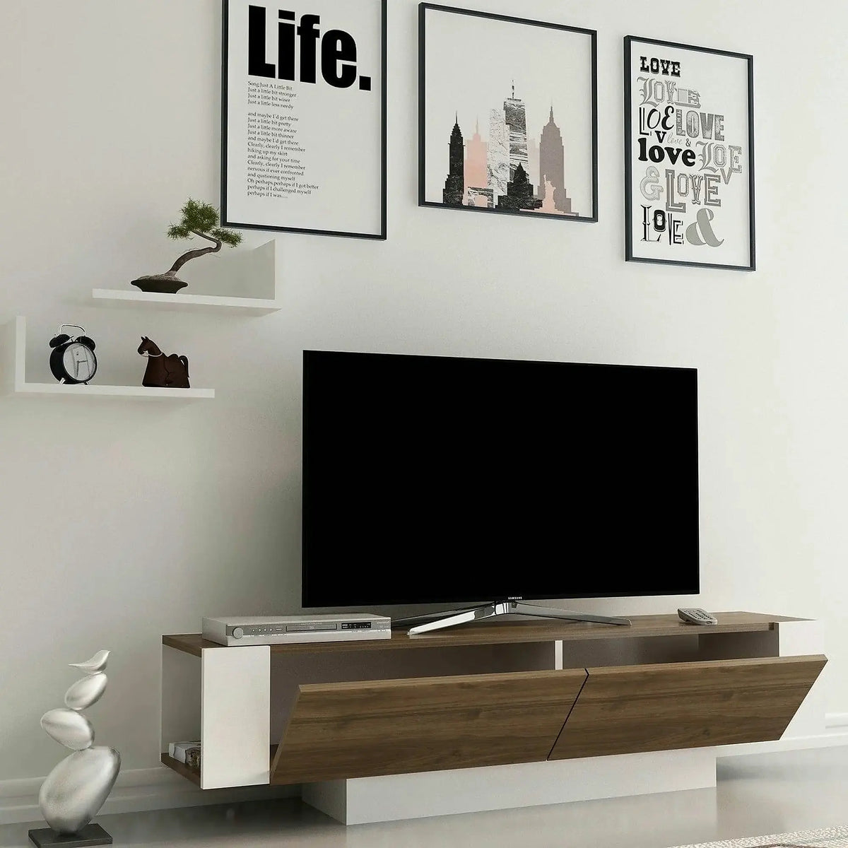 Comoda TV Matera, stejar inchis/alb, PAL melaminat, 150x32x42 cm