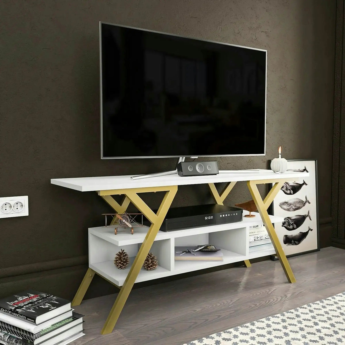 Comoda TV Minerva, alb/auriu, PAL/metal, 120x35x55 cm