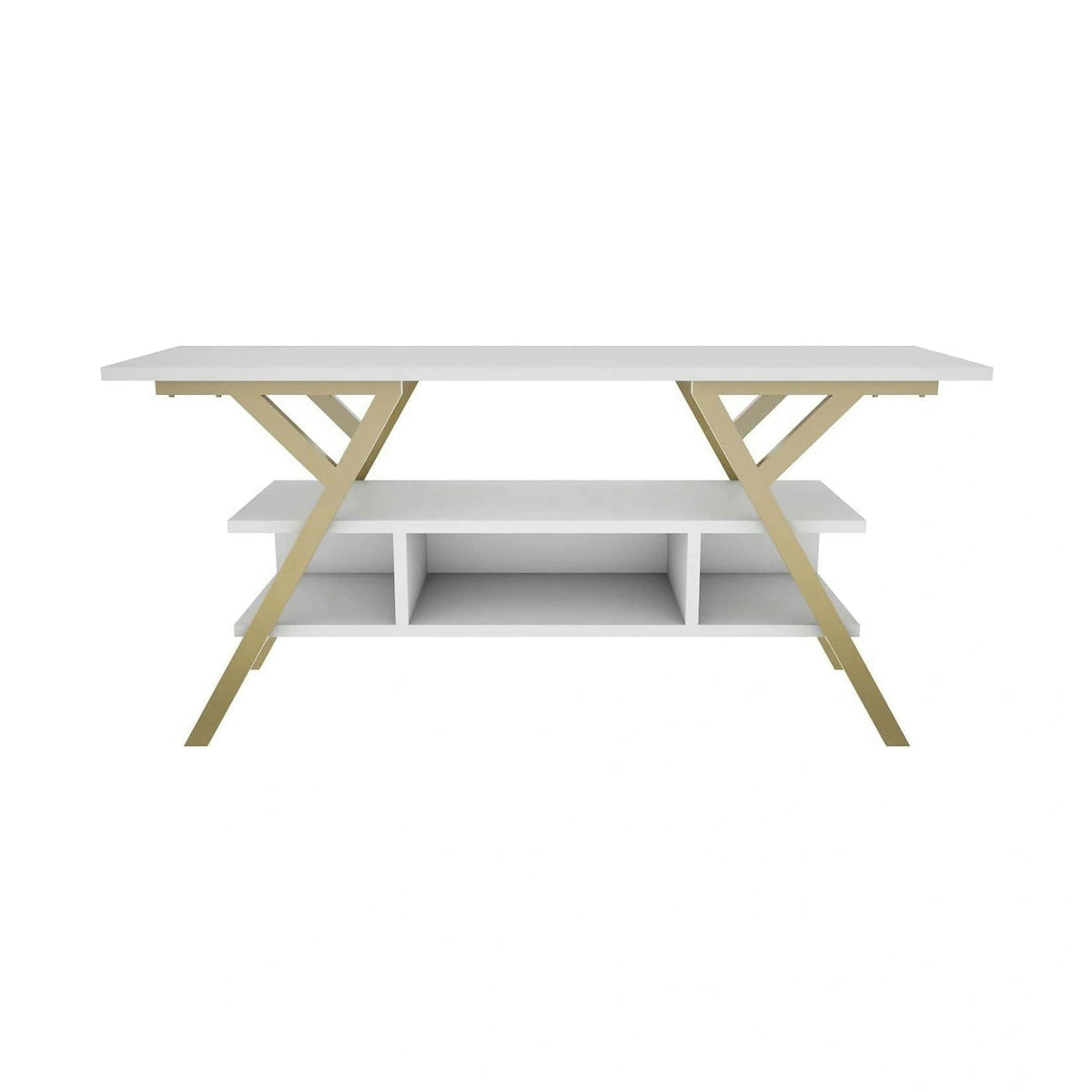 Comoda TV Minerva, alb/auriu, PAL/metal, 120x35x55 cm