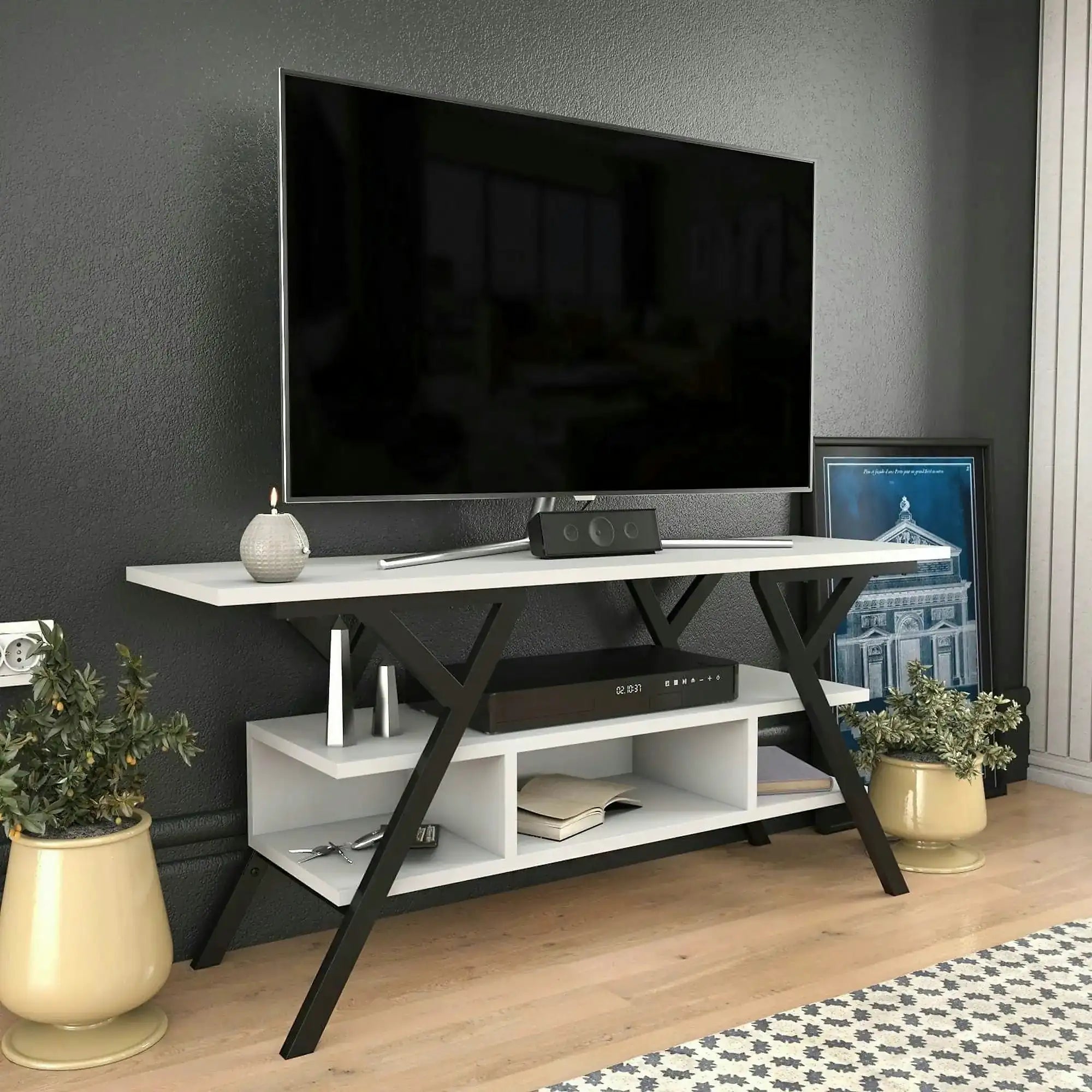 Comoda TV Minerva, alb/negru, PAL/metal, 120x35x55 cm