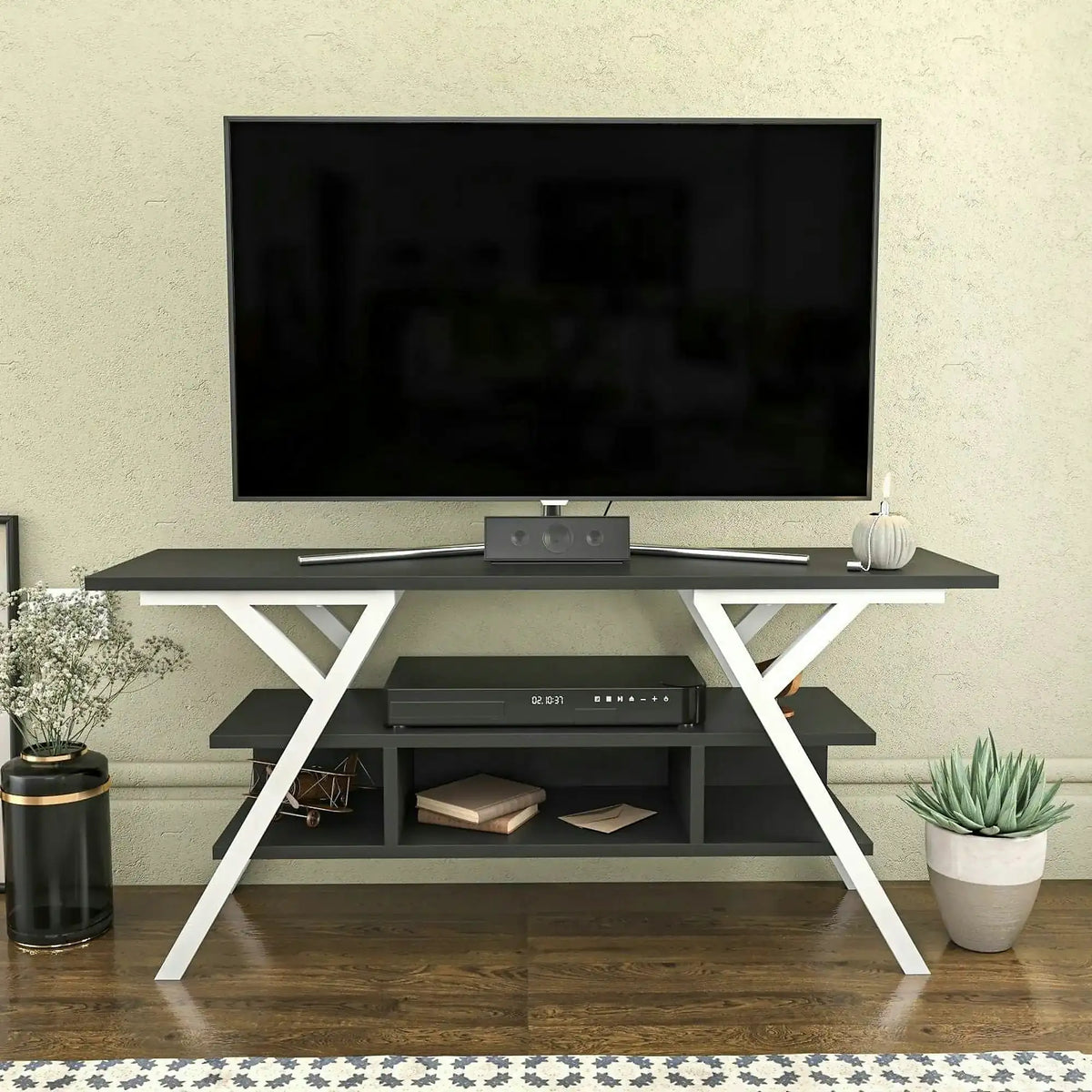 Comoda TV MINERVA, gri antracit/alb, PAL melaminat/metal, 120x35x55 cm