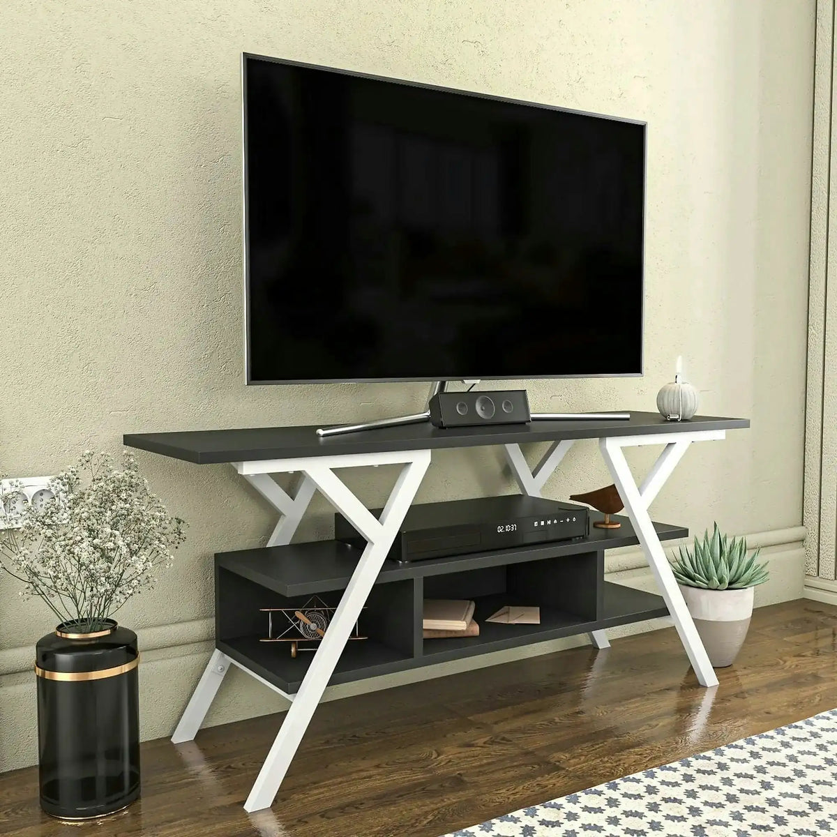 Comoda TV MINERVA, gri antracit/alb, PAL melaminat/metal, 120x35x55 cm