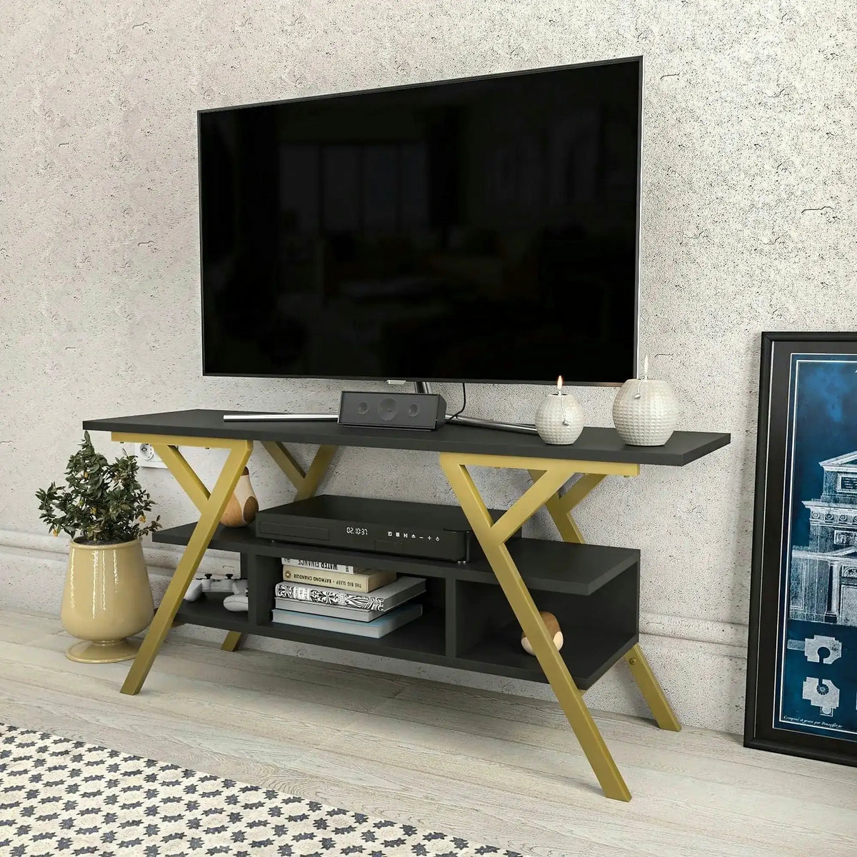 Comoda TV MINERVA, gri antracit/auriu, PAL/metal, 120x35x55 cm
