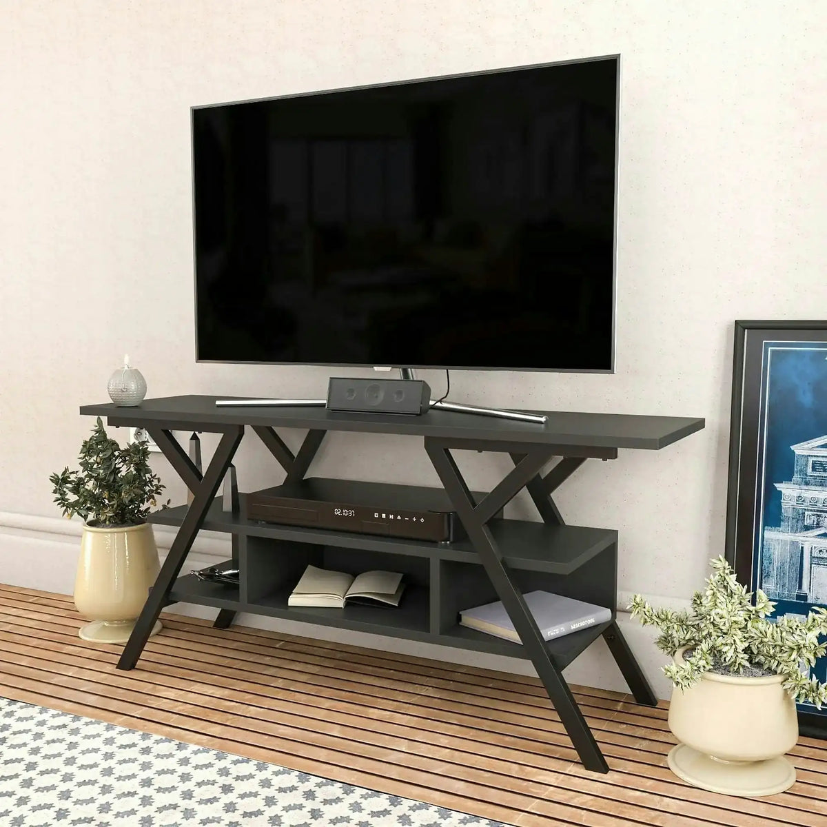 Comoda TV MINERVA, negru/gri antracit, PAL melaminat/metal, 120x35x55 cm