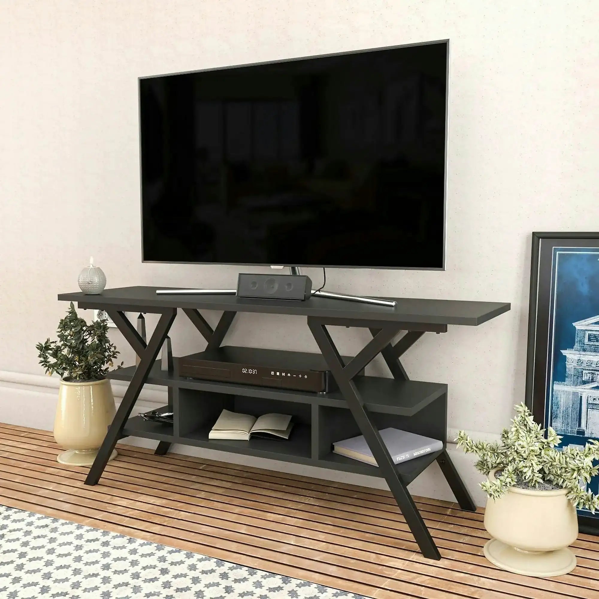 Comoda TV MINERVA, negru/gri antracit, PAL melaminat/metal, 120x35x55 cm