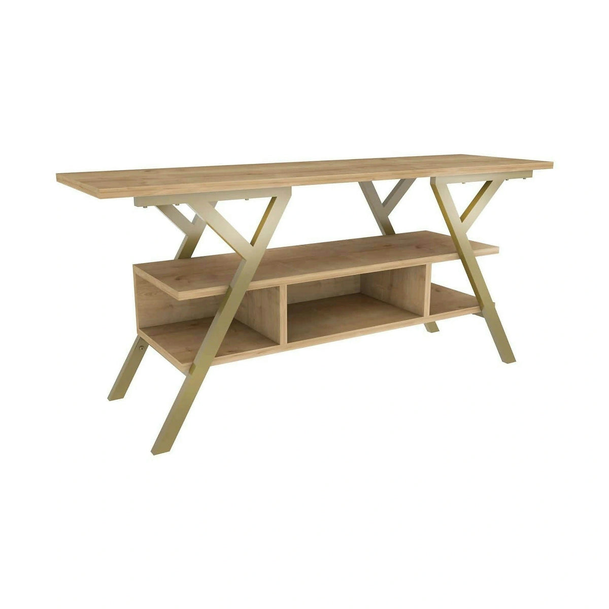 Comoda TV Minerva, stejar/auriu, PAL/metal, 120x35x55 cm